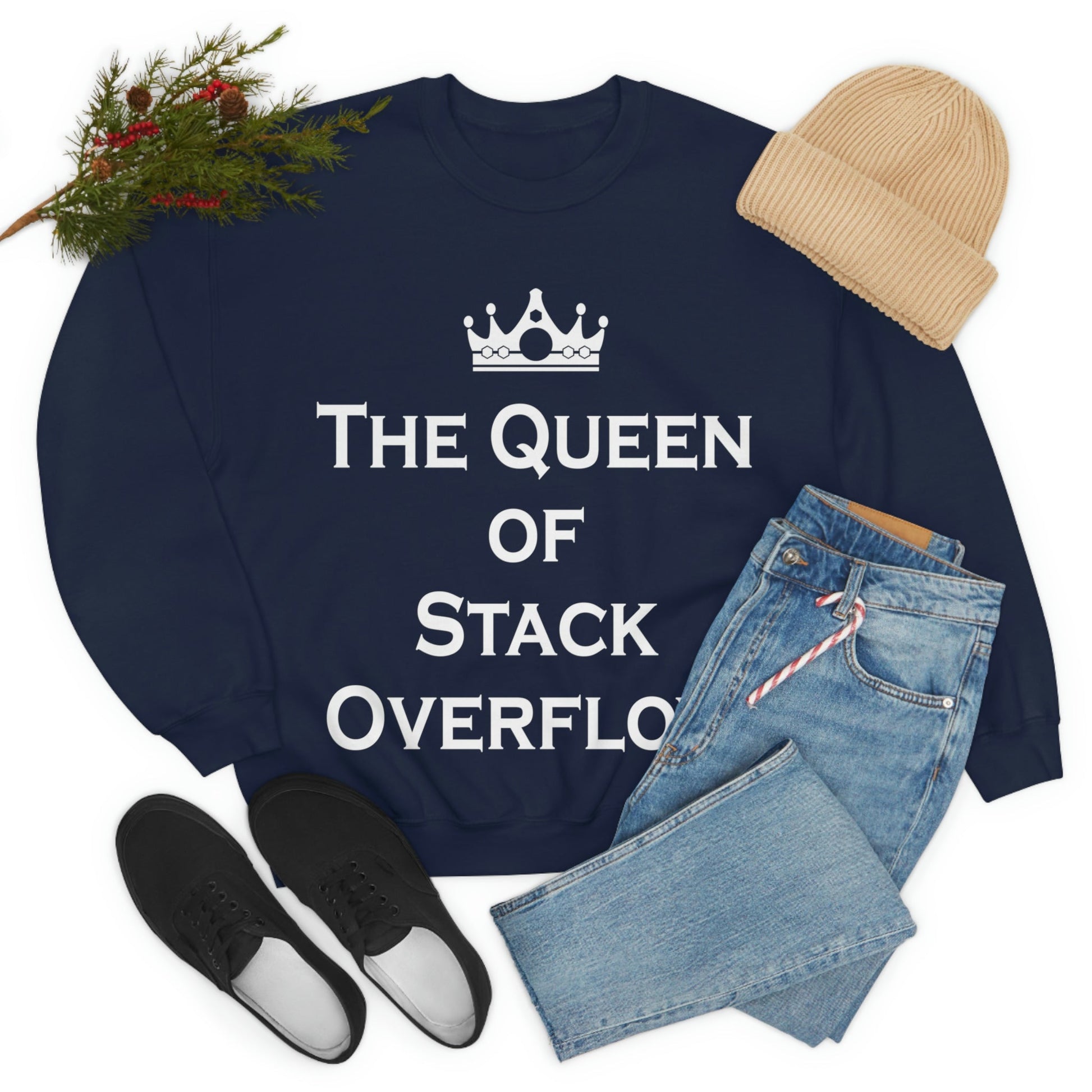 The Queen of Stack Overflow IT Funny Coding White Text  Unisex Heavy Blend™ Crewneck Sweatshirt Ichaku [Perfect Gifts Selection]