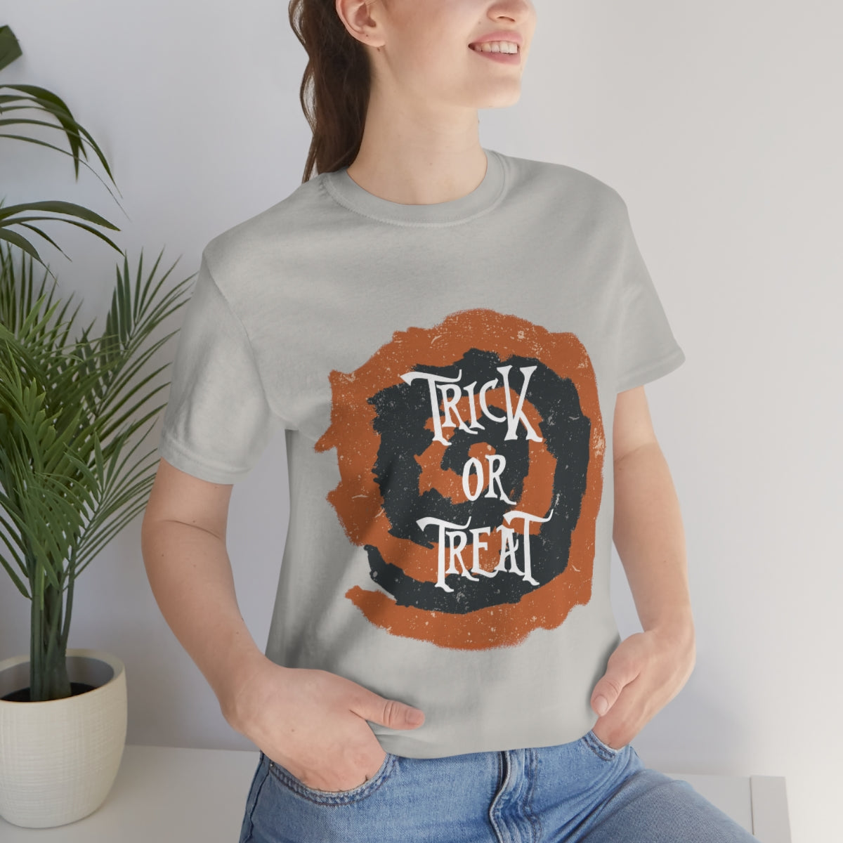 Trick Or Treat Halloween October Text Slogan Unisex Jersey Short Sleeve T-Shirt Ichaku [Perfect Gifts Selection]