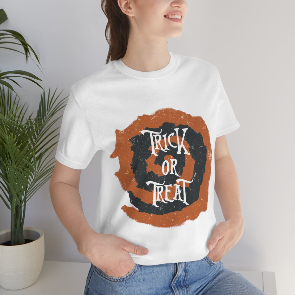 Trick Or Treat Halloween October Text Slogan Unisex Jersey Short Sleeve T-Shirt Ichaku [Perfect Gifts Selection]