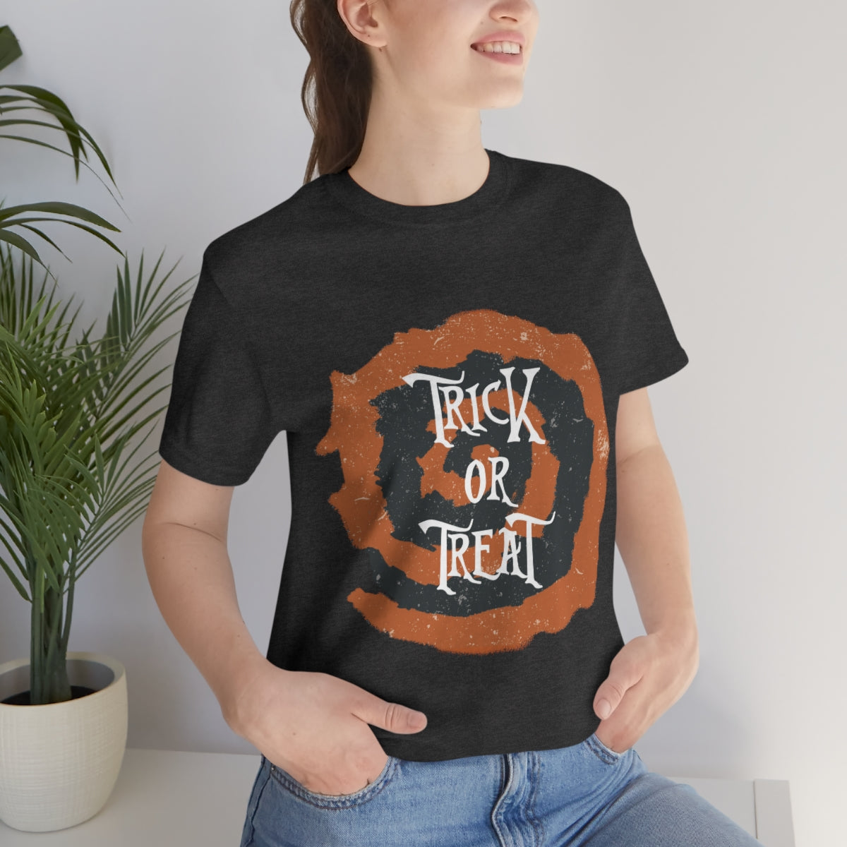 Trick Or Treat Halloween October Text Slogan Unisex Jersey Short Sleeve T-Shirt Ichaku [Perfect Gifts Selection]