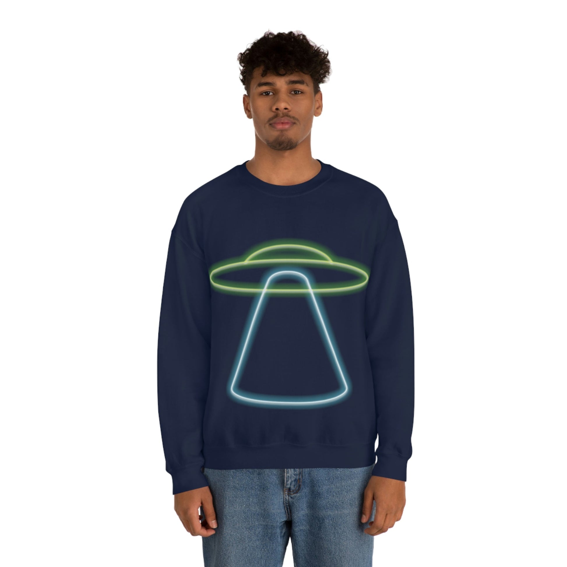 UFO Retro Glowing Neon Light Aliens Arrival Classic TV Series Unisex Heavy Blend™ Crewneck Sweatshirt Ichaku [Perfect Gifts Selection]