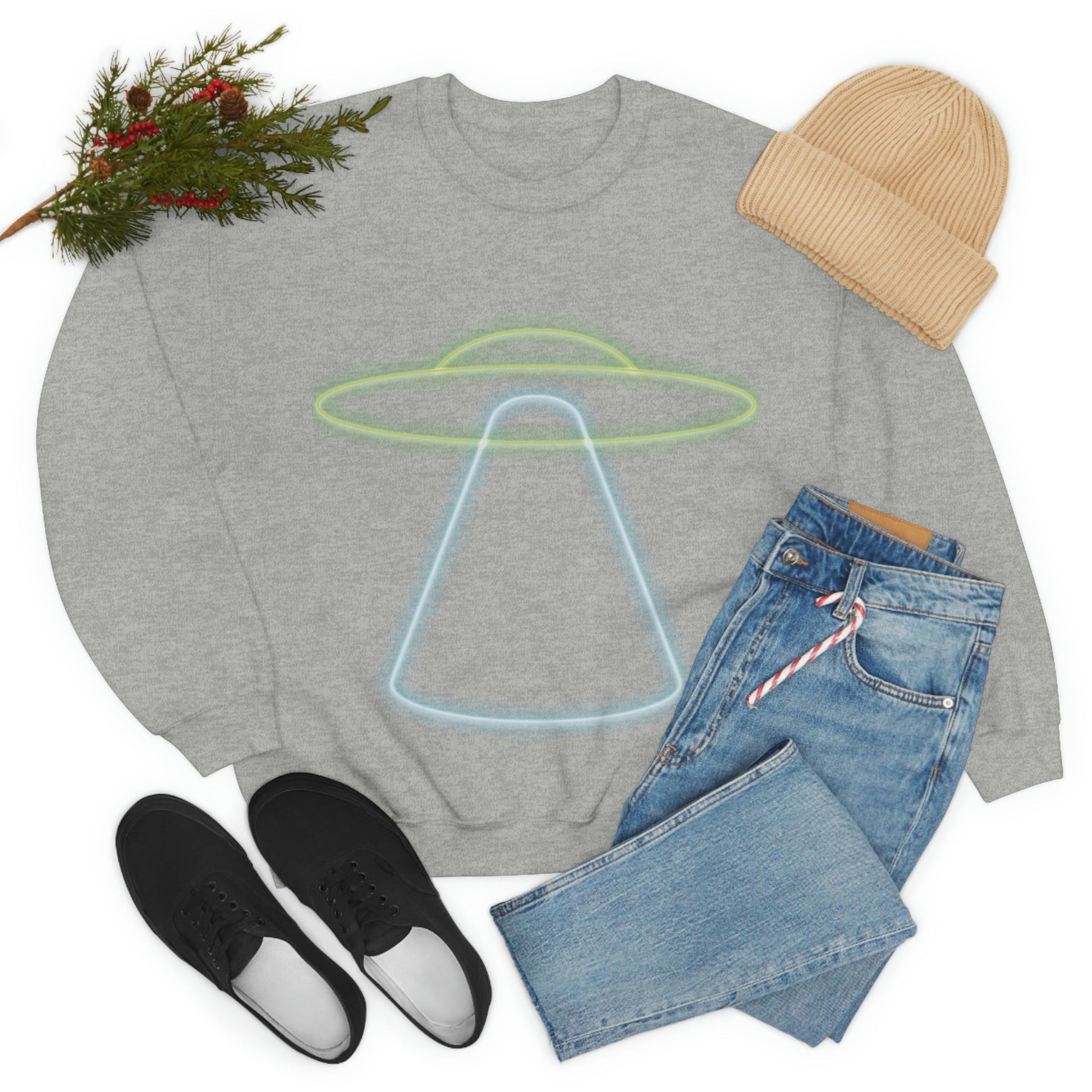 UFO Retro Glowing Neon Light Aliens Arrival Classic TV Series Unisex Heavy Blend™ Crewneck Sweatshirt Ichaku [Perfect Gifts Selection]