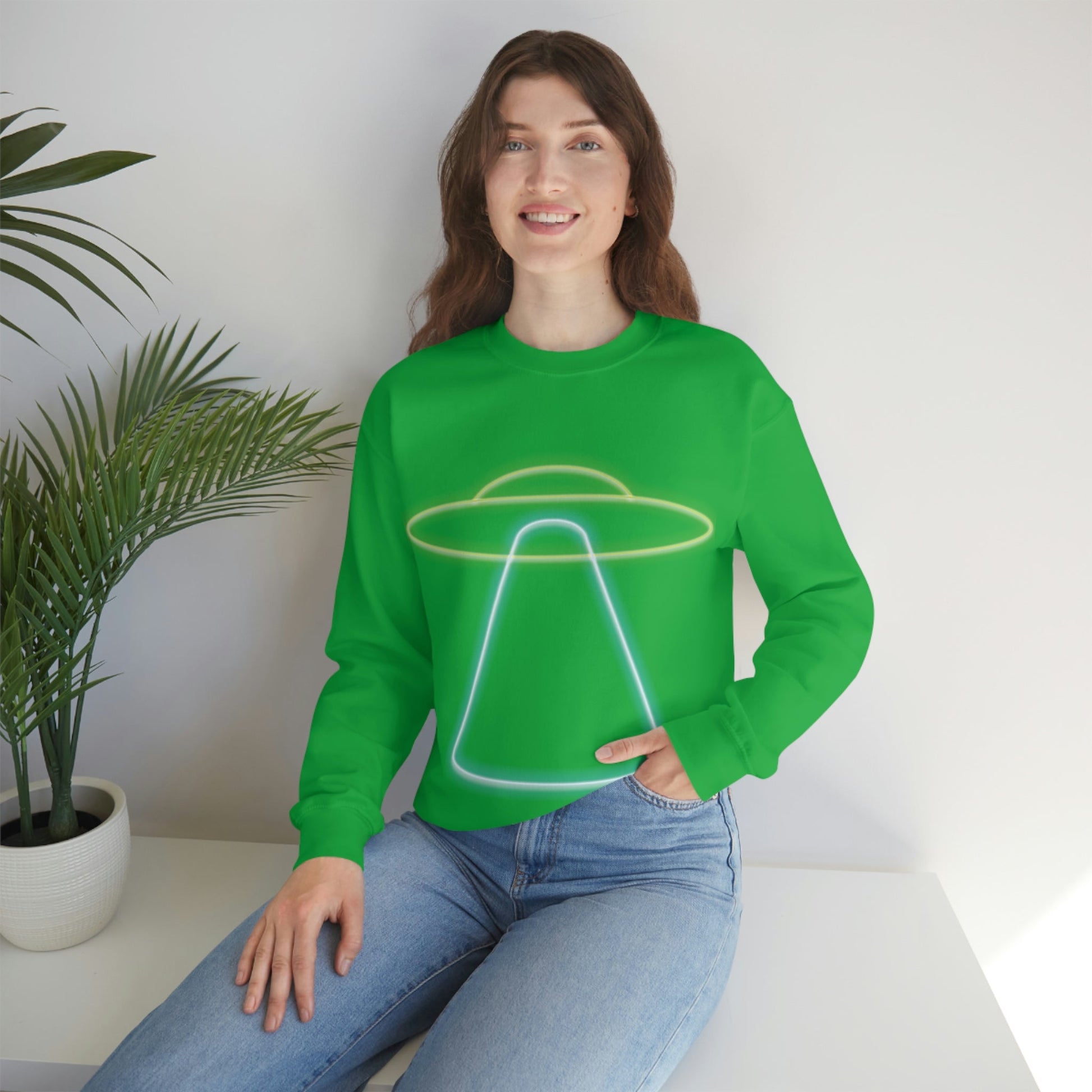 UFO Retro Glowing Neon Light Aliens Arrival Classic TV Series Unisex Heavy Blend™ Crewneck Sweatshirt Ichaku [Perfect Gifts Selection]