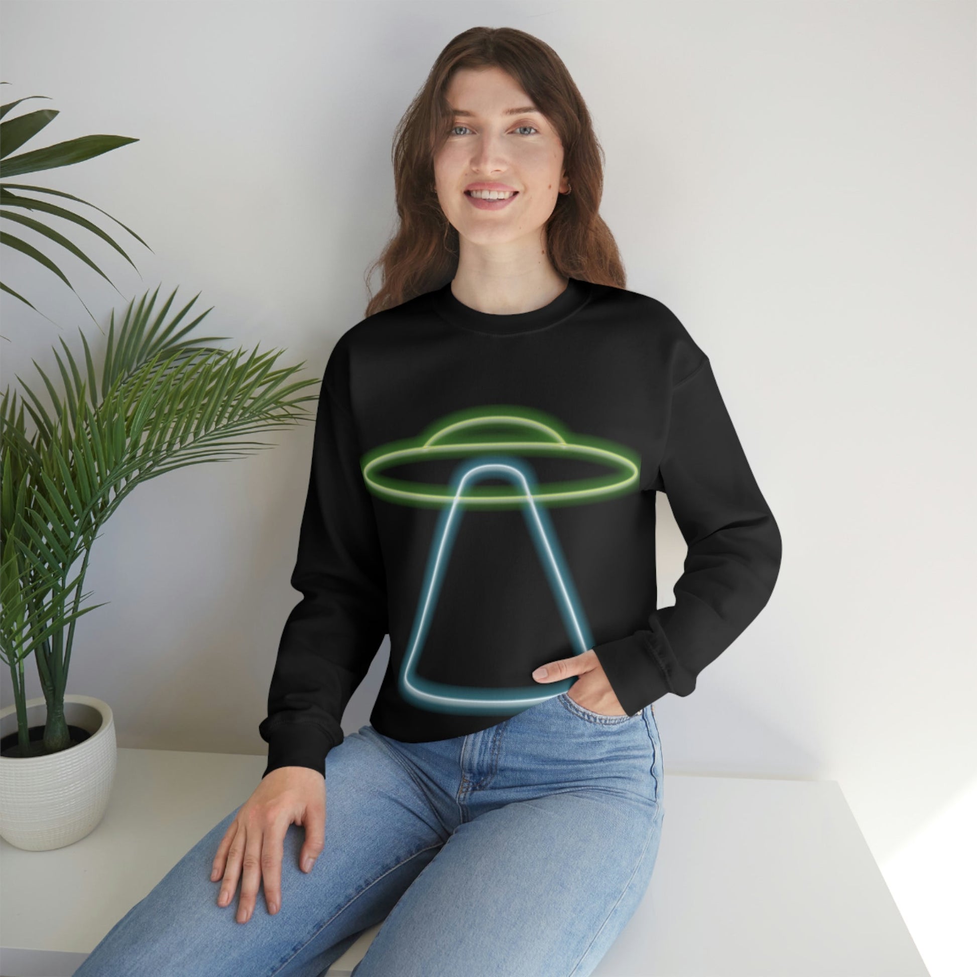 UFO Retro Glowing Neon Light Aliens Arrival Classic TV Series Unisex Heavy Blend™ Crewneck Sweatshirt Ichaku [Perfect Gifts Selection]