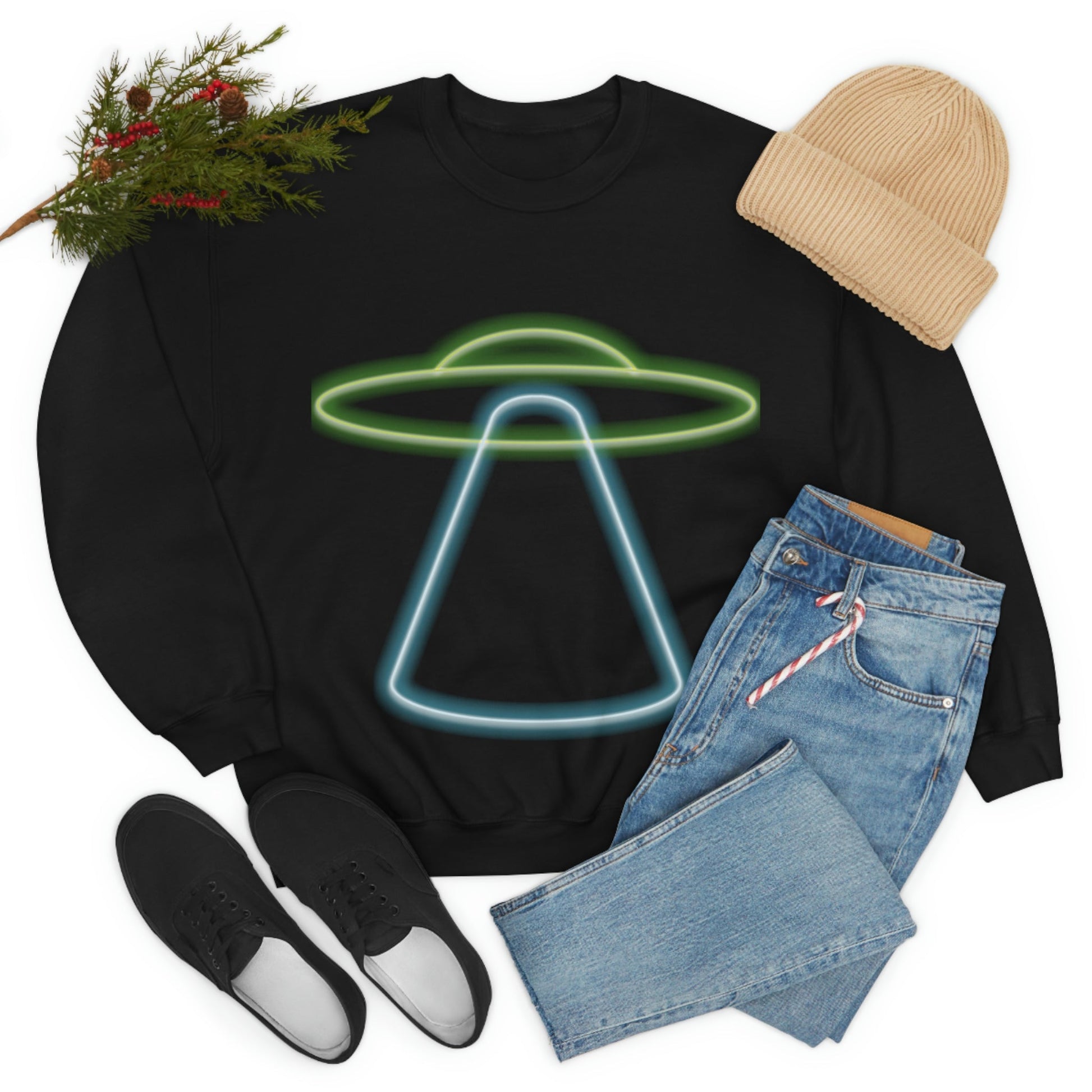 UFO Retro Glowing Neon Light Aliens Arrival Classic TV Series Unisex Heavy Blend™ Crewneck Sweatshirt Ichaku [Perfect Gifts Selection]