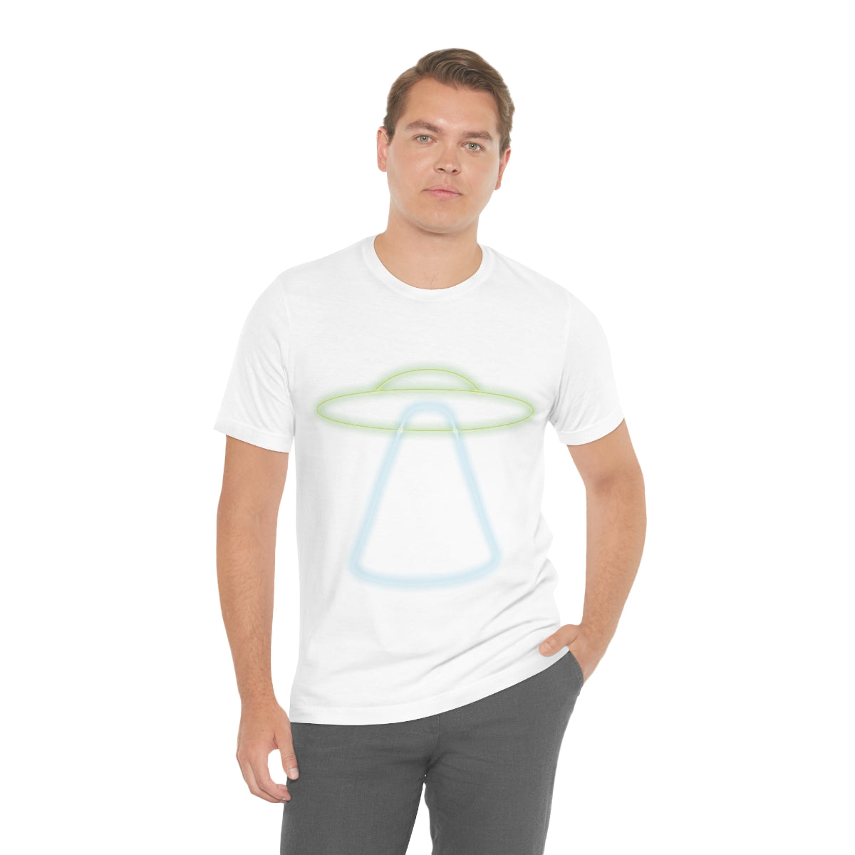 UFO Retro Glowing Neon Light Aliens Arrival Classic TV Series Unisex Jersey Short Sleeve T-Shirt Ichaku [Perfect Gifts Selection]