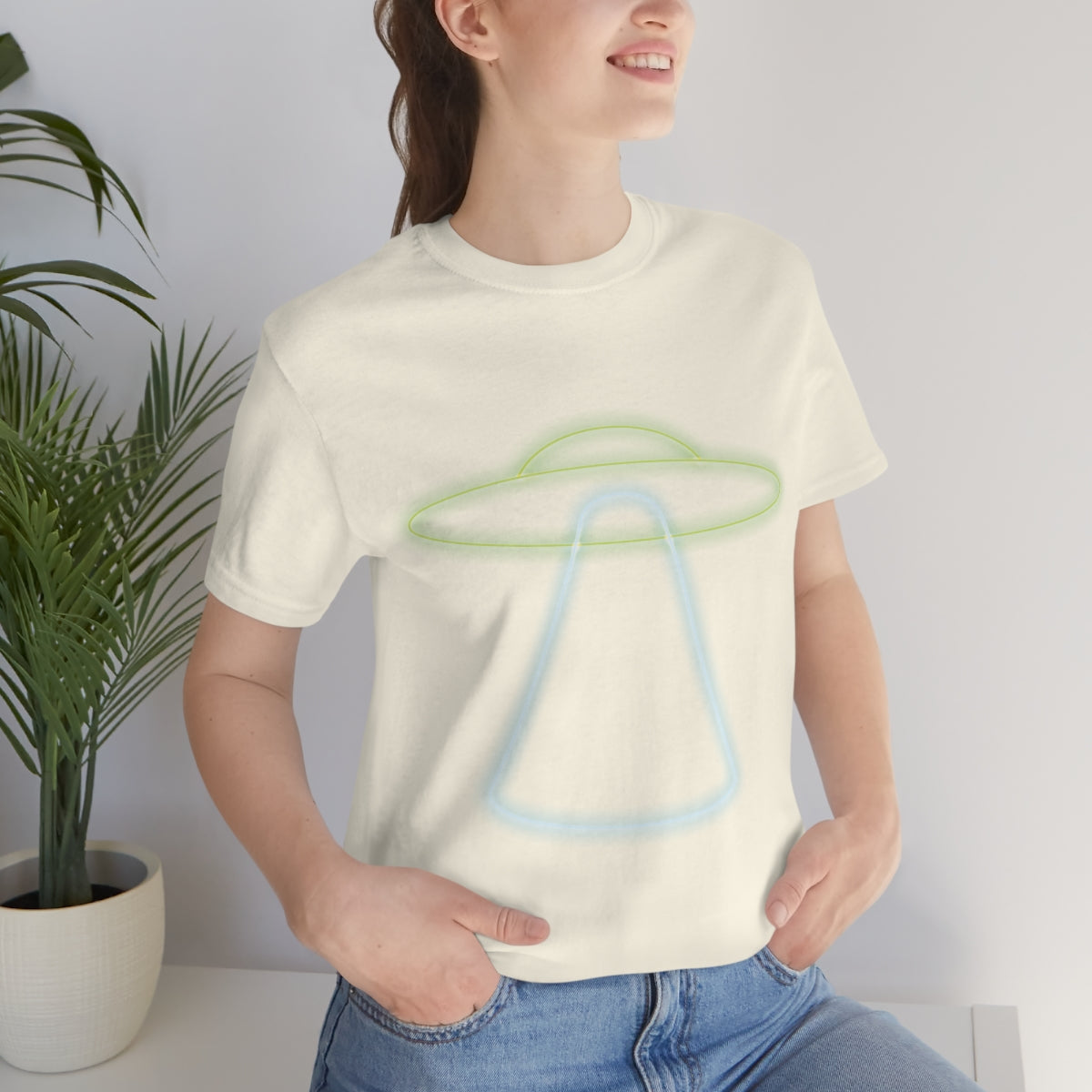 UFO Retro Glowing Neon Light Aliens Arrival Classic TV Series Unisex Jersey Short Sleeve T-Shirt Ichaku [Perfect Gifts Selection]