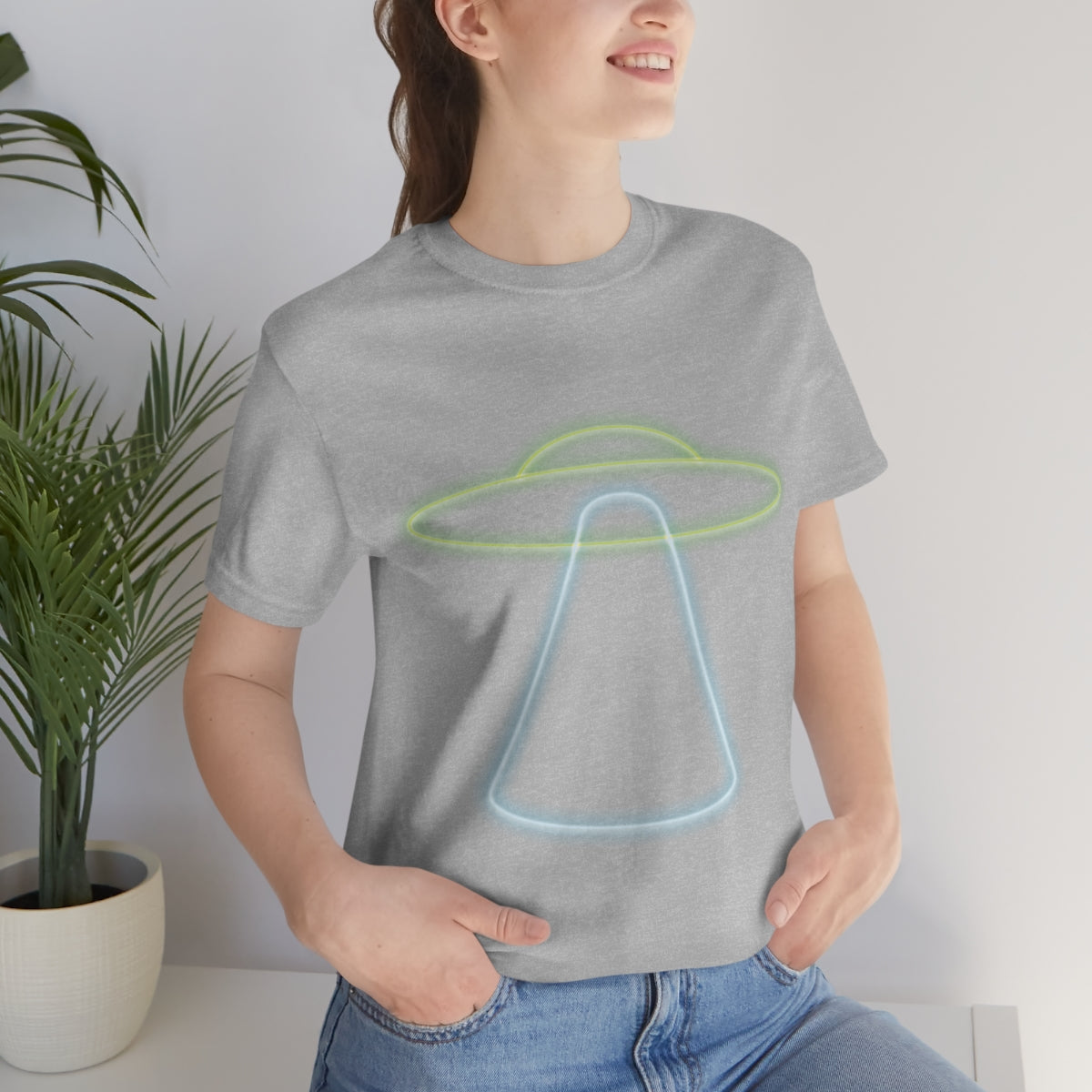 UFO Retro Glowing Neon Light Aliens Arrival Classic TV Series Unisex Jersey Short Sleeve T-Shirt Ichaku [Perfect Gifts Selection]