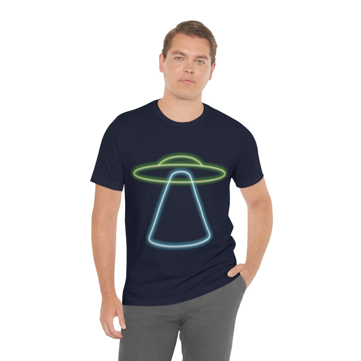 UFO Retro Glowing Neon Light Aliens Arrival Classic TV Series Unisex Jersey Short Sleeve T-Shirt Ichaku [Perfect Gifts Selection]