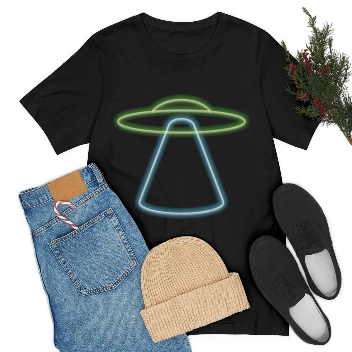 UFO Retro Glowing Neon Light Aliens Arrival Classic TV Series Unisex Jersey Short Sleeve T-Shirt Ichaku [Perfect Gifts Selection]