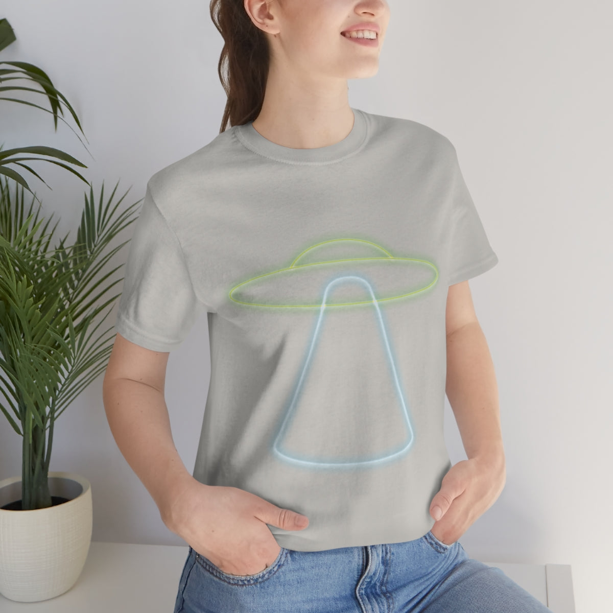 UFO Retro Glowing Neon Light Aliens Arrival Classic TV Series Unisex Jersey Short Sleeve T-Shirt Ichaku [Perfect Gifts Selection]