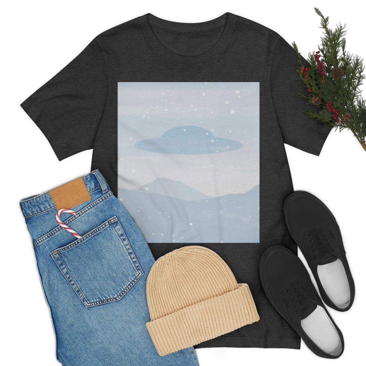 UFO Watercolor Winter Nature Aliens Arrival Unisex Jersey Short Sleeve T-Shirt Ichaku [Perfect Gifts Selection]