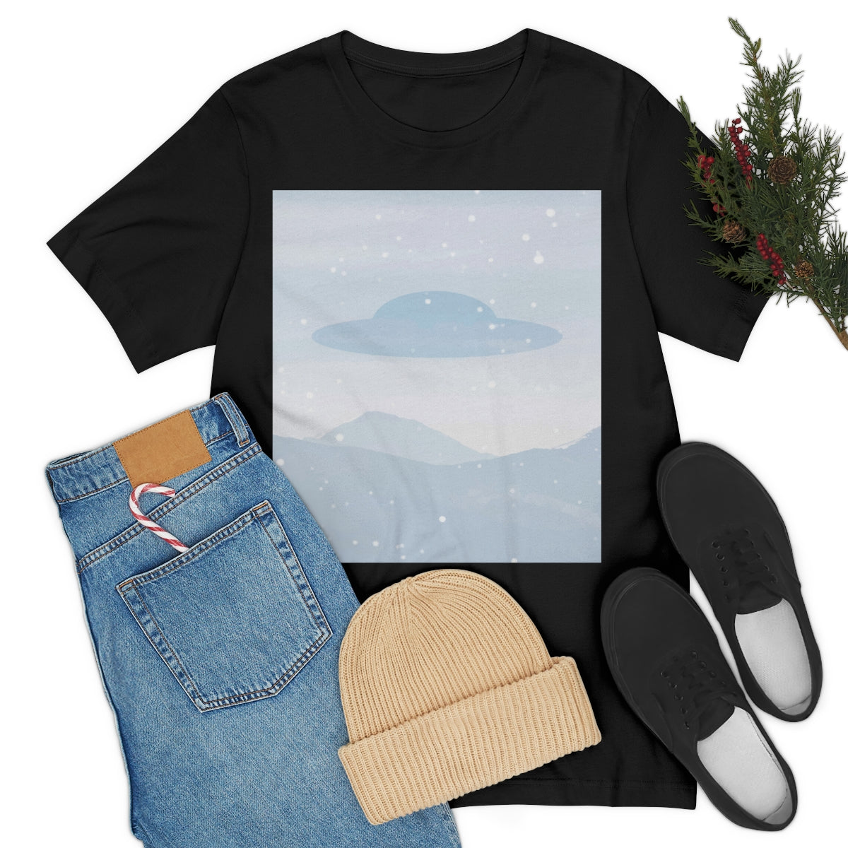 UFO Watercolor Winter Nature Aliens Arrival Unisex Jersey Short Sleeve T-Shirt Ichaku [Perfect Gifts Selection]