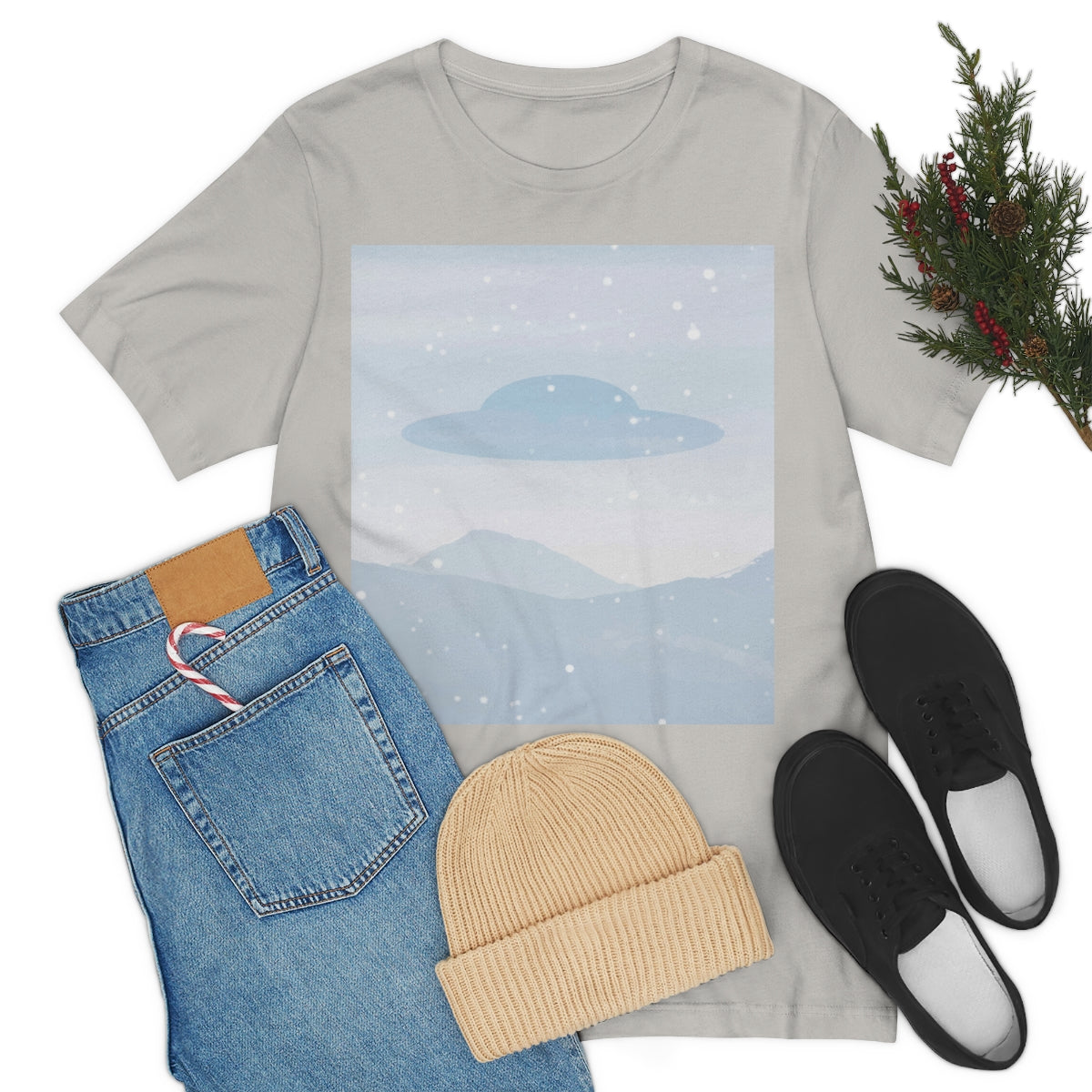 UFO Watercolor Winter Nature Aliens Arrival Unisex Jersey Short Sleeve T-Shirt Ichaku [Perfect Gifts Selection]