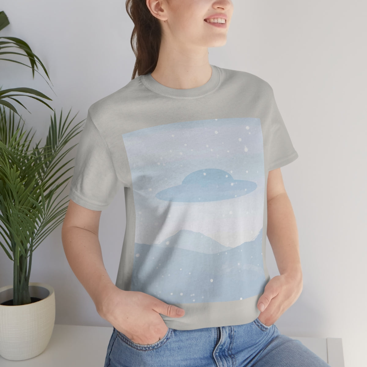 UFO Watercolor Winter Nature Aliens Arrival Unisex Jersey Short Sleeve T-Shirt Ichaku [Perfect Gifts Selection]