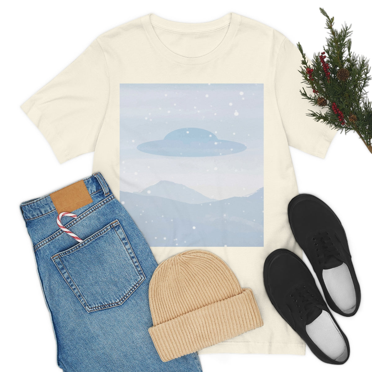 UFO Watercolor Winter Nature Aliens Arrival Unisex Jersey Short Sleeve T-Shirt Ichaku [Perfect Gifts Selection]