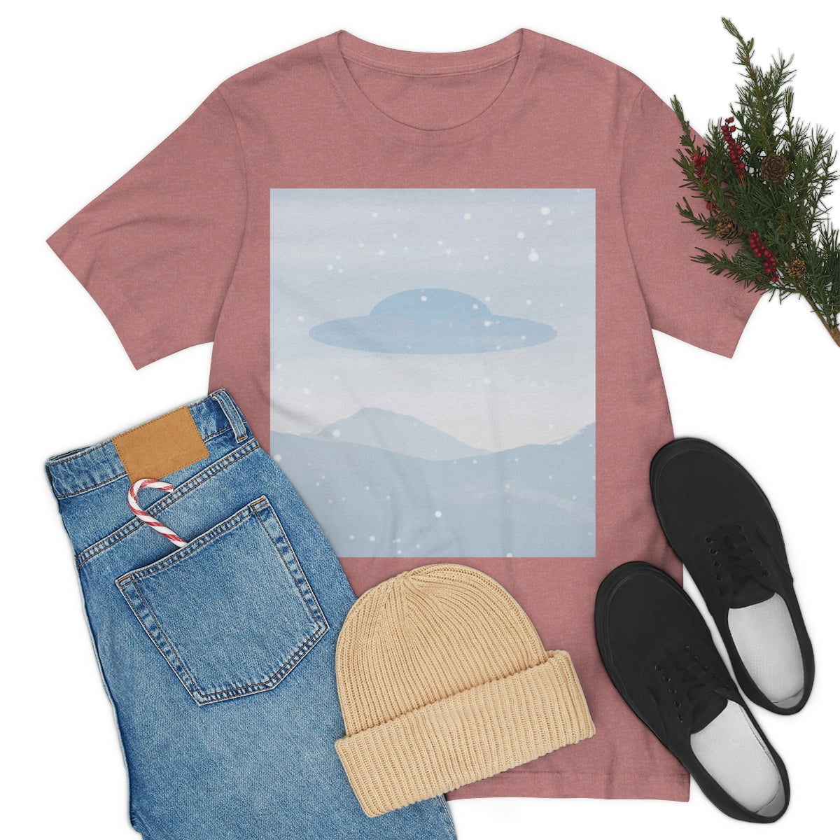 UFO Watercolor Winter Nature Aliens Arrival Unisex Jersey Short Sleeve T-Shirt Ichaku [Perfect Gifts Selection]