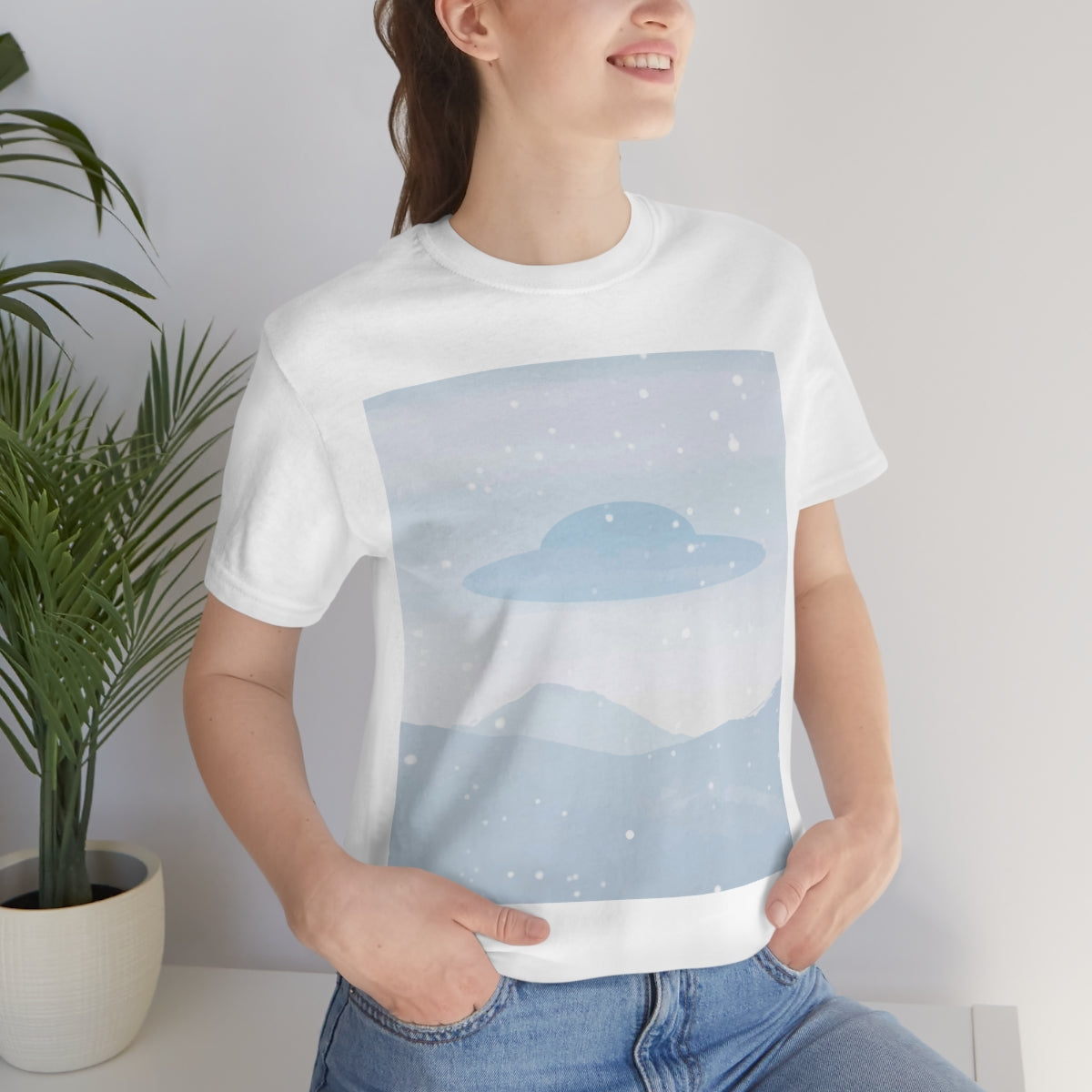 UFO Watercolor Winter Nature Aliens Arrival Unisex Jersey Short Sleeve T-Shirt Ichaku [Perfect Gifts Selection]