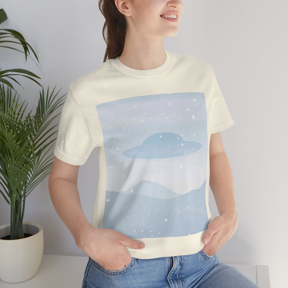 UFO Watercolor Winter Nature Aliens Arrival Unisex Jersey Short Sleeve T-Shirt Ichaku [Perfect Gifts Selection]
