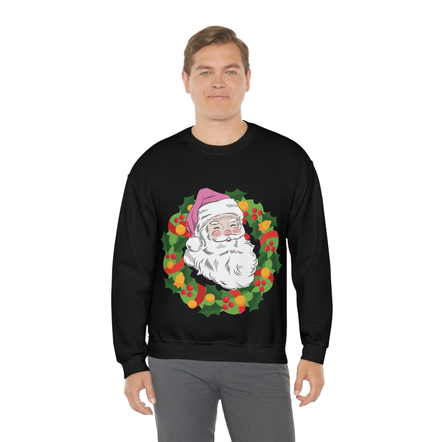 Vintage Retro Pink Santa Christmas Wreath Unisex Heavy Blend™ Crewneck Sweatshirt Ichaku [Perfect Gifts Selection]