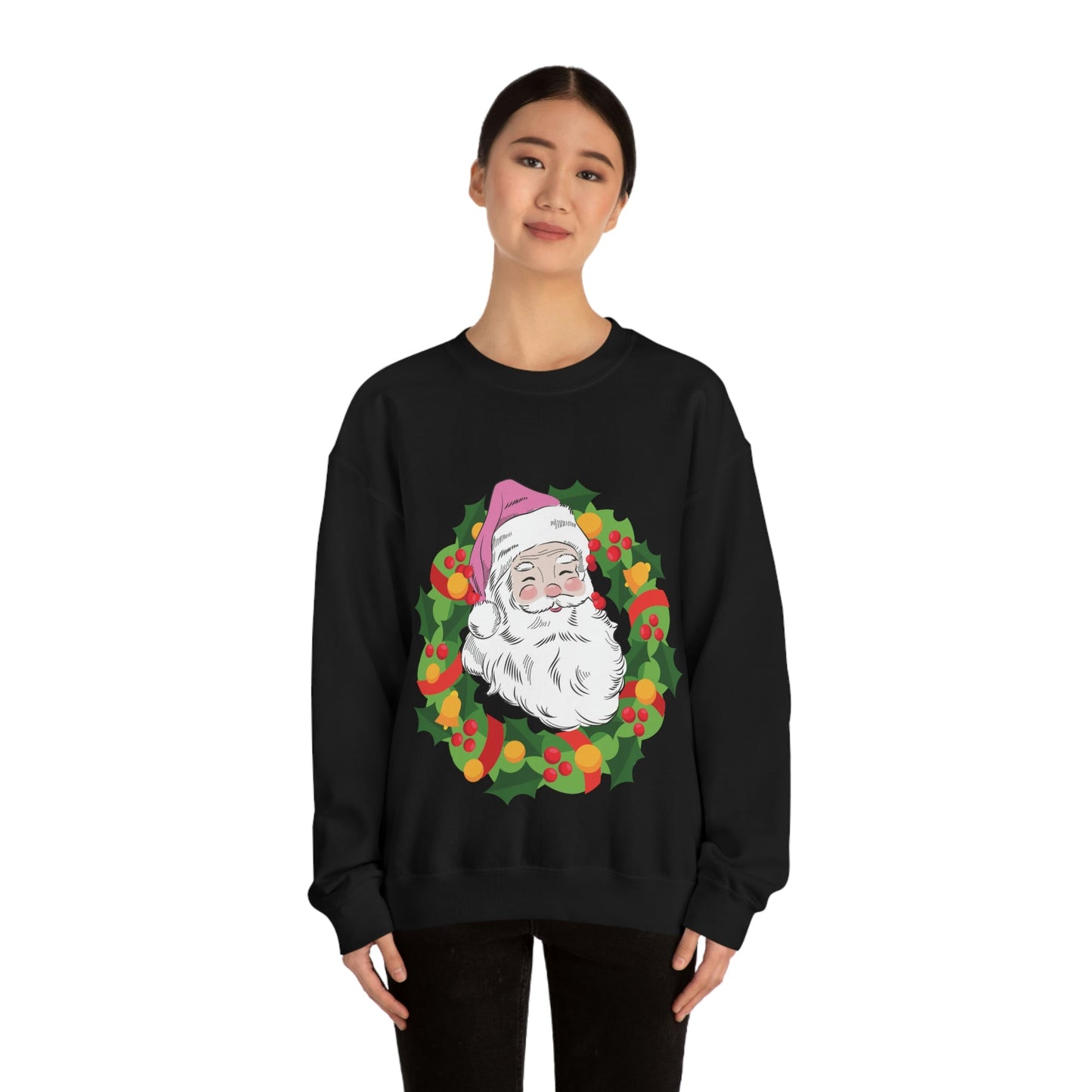 Vintage Retro Pink Santa Christmas Wreath Unisex Heavy Blend™ Crewneck Sweatshirt Ichaku [Perfect Gifts Selection]