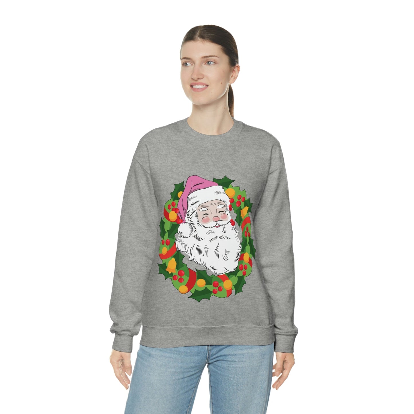 Vintage Retro Pink Santa Christmas Wreath Unisex Heavy Blend™ Crewneck Sweatshirt Ichaku [Perfect Gifts Selection]