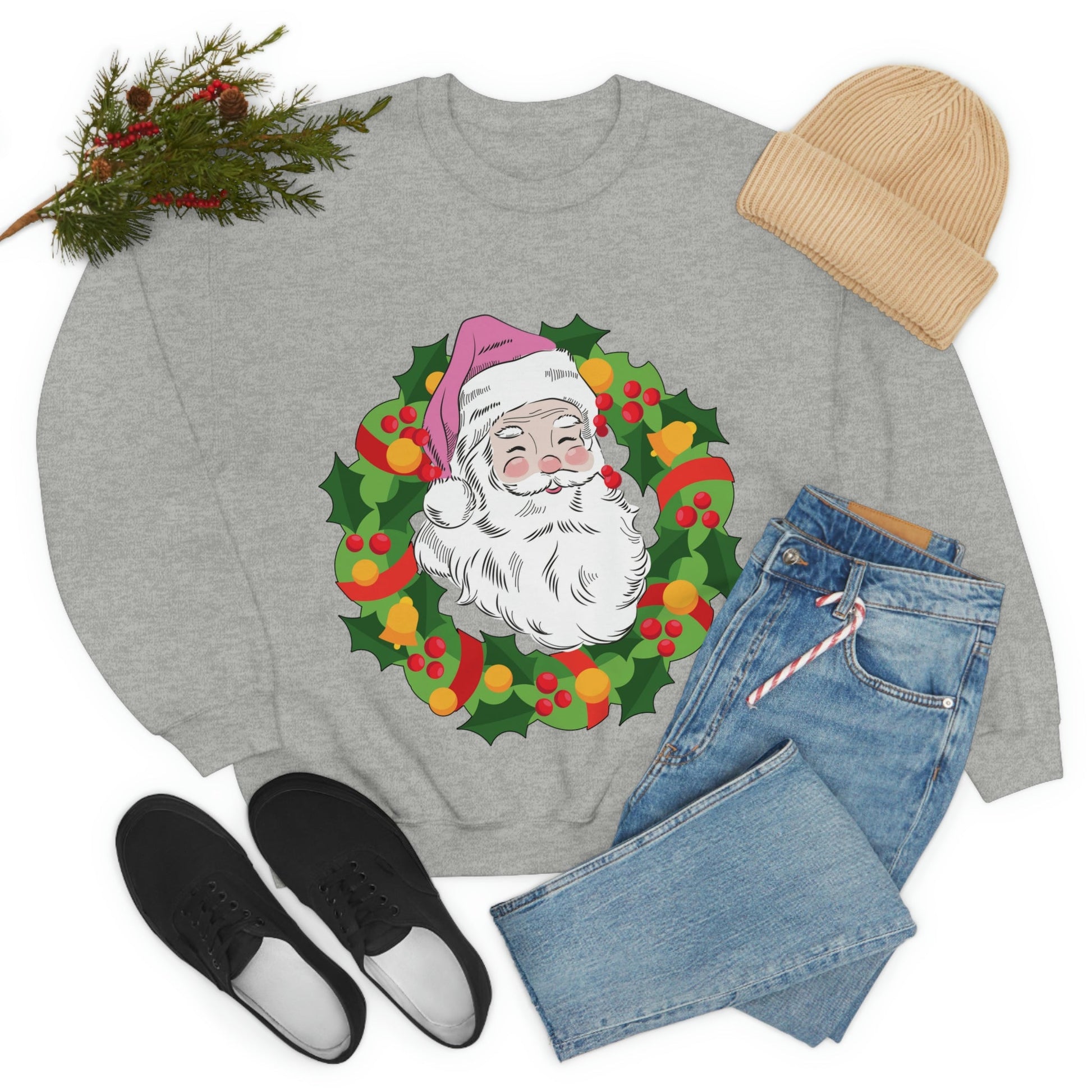 Vintage Retro Pink Santa Christmas Wreath Unisex Heavy Blend™ Crewneck Sweatshirt Ichaku [Perfect Gifts Selection]