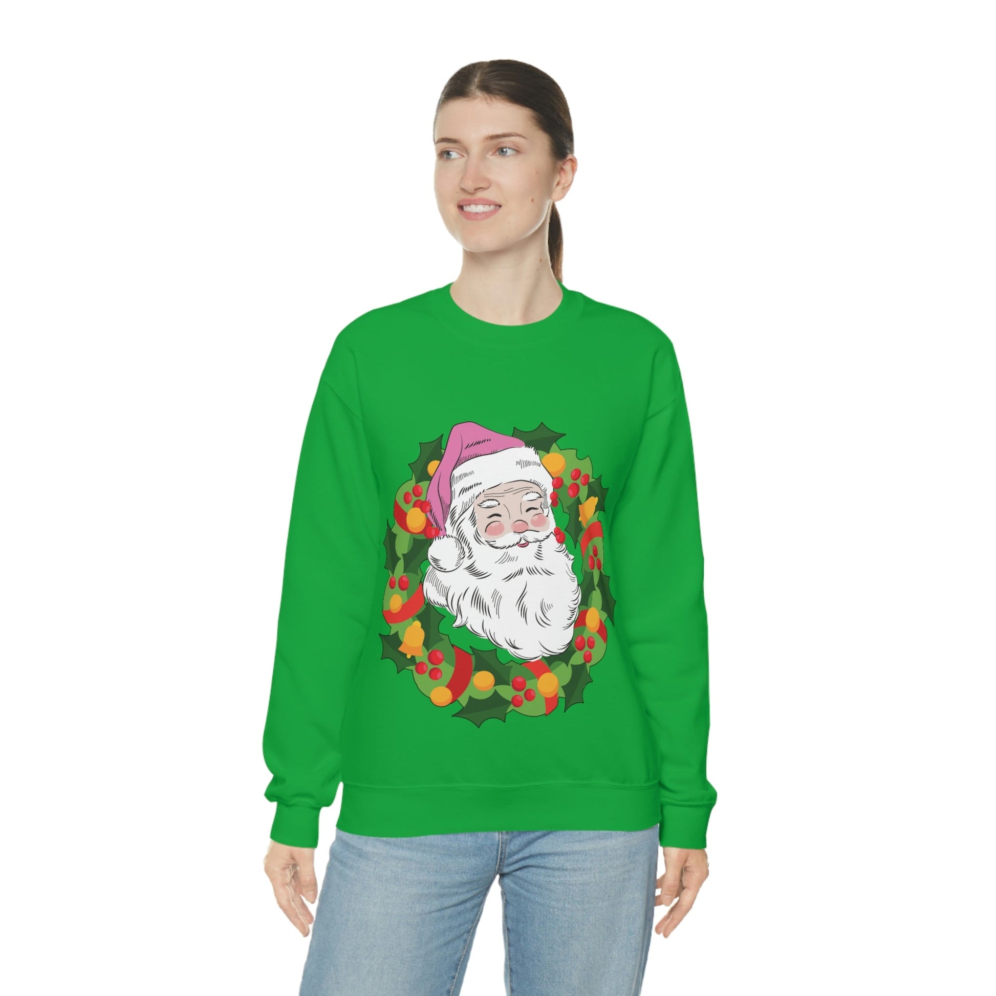 Vintage Retro Pink Santa Christmas Wreath Unisex Heavy Blend™ Crewneck Sweatshirt Ichaku [Perfect Gifts Selection]