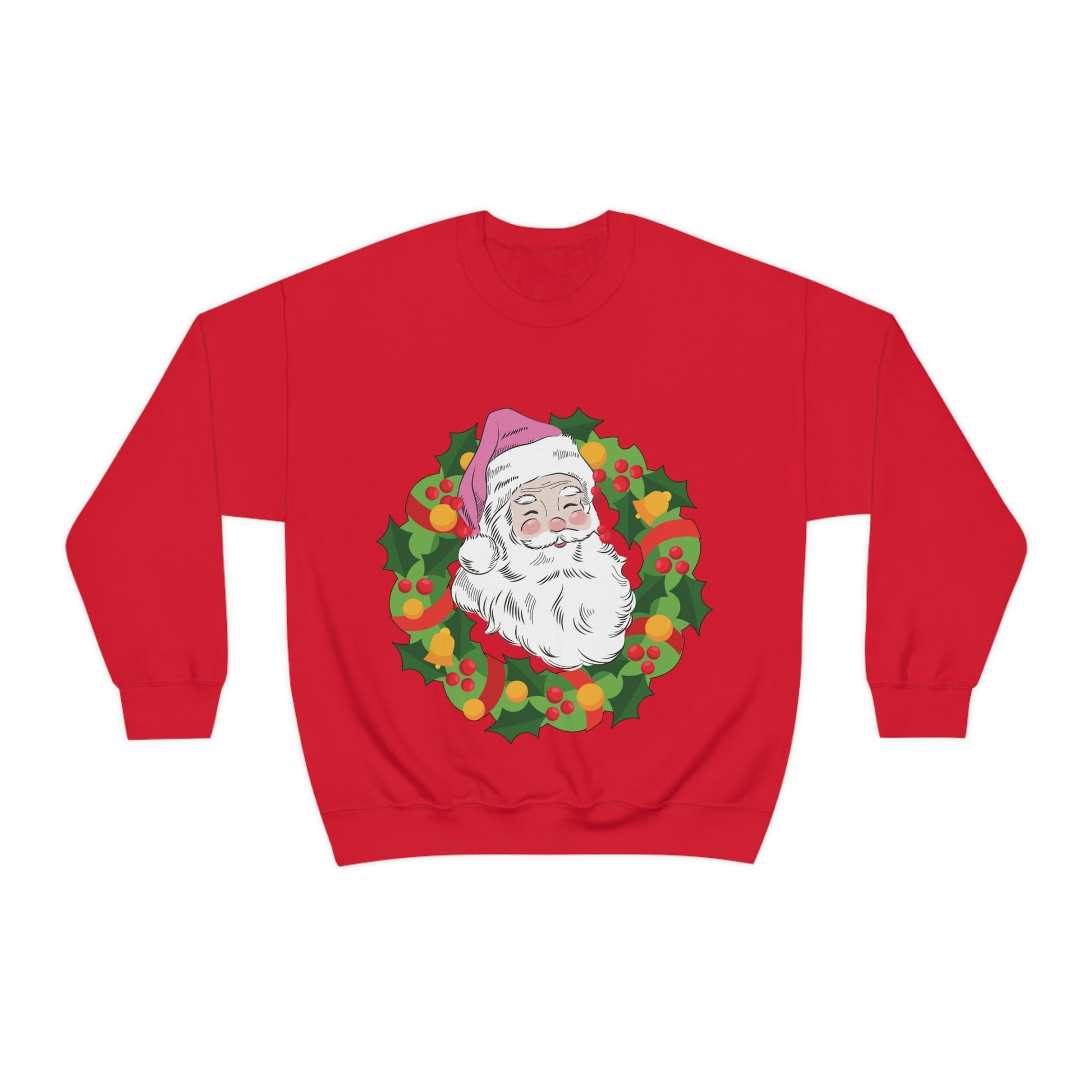 Vintage Retro Pink Santa Christmas Wreath Unisex Heavy Blend™ Crewneck Sweatshirt Ichaku [Perfect Gifts Selection]