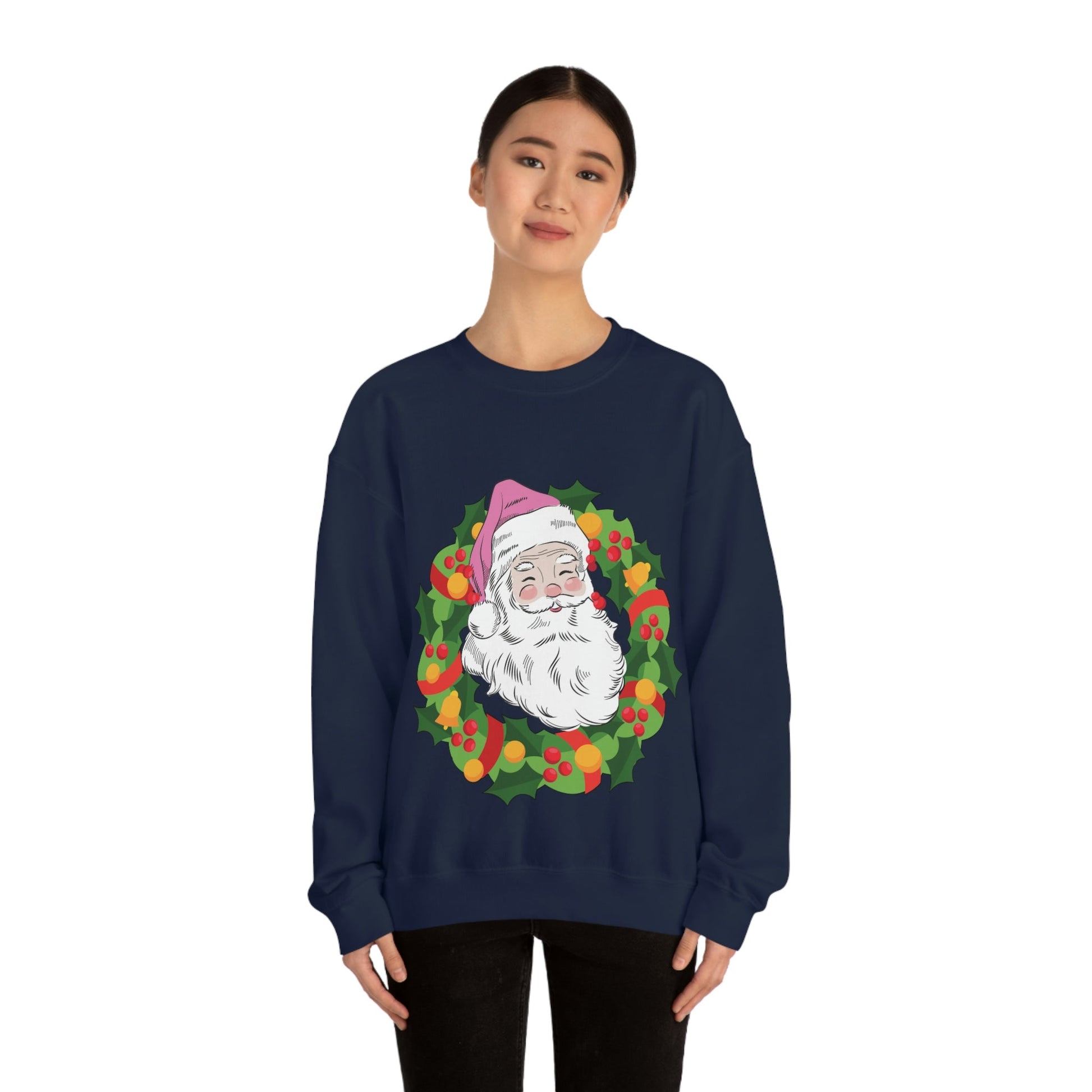 Vintage Retro Pink Santa Christmas Wreath Unisex Heavy Blend™ Crewneck Sweatshirt Ichaku [Perfect Gifts Selection]