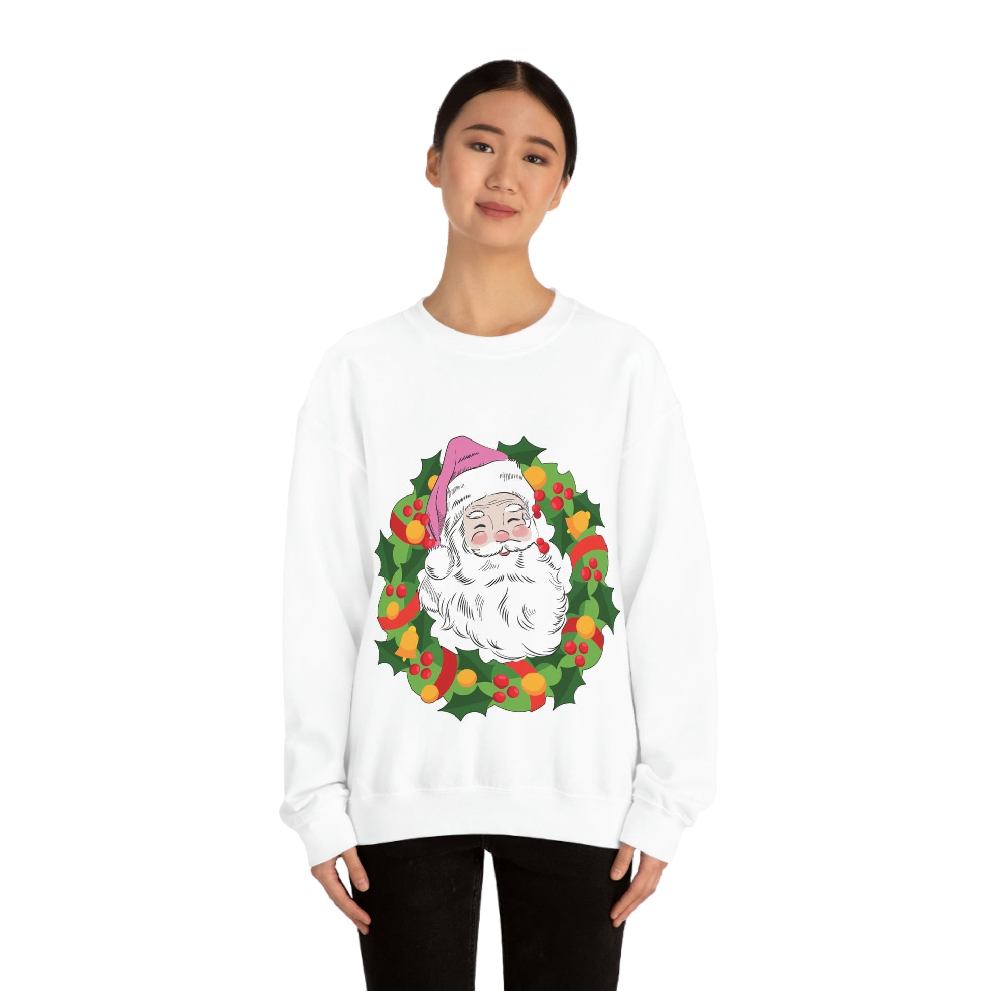 Vintage Retro Pink Santa Christmas Wreath Unisex Heavy Blend™ Crewneck Sweatshirt Ichaku [Perfect Gifts Selection]