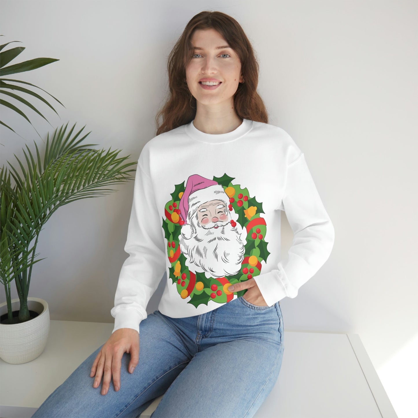 Vintage Retro Pink Santa Christmas Wreath Unisex Heavy Blend™ Crewneck Sweatshirt Ichaku [Perfect Gifts Selection]