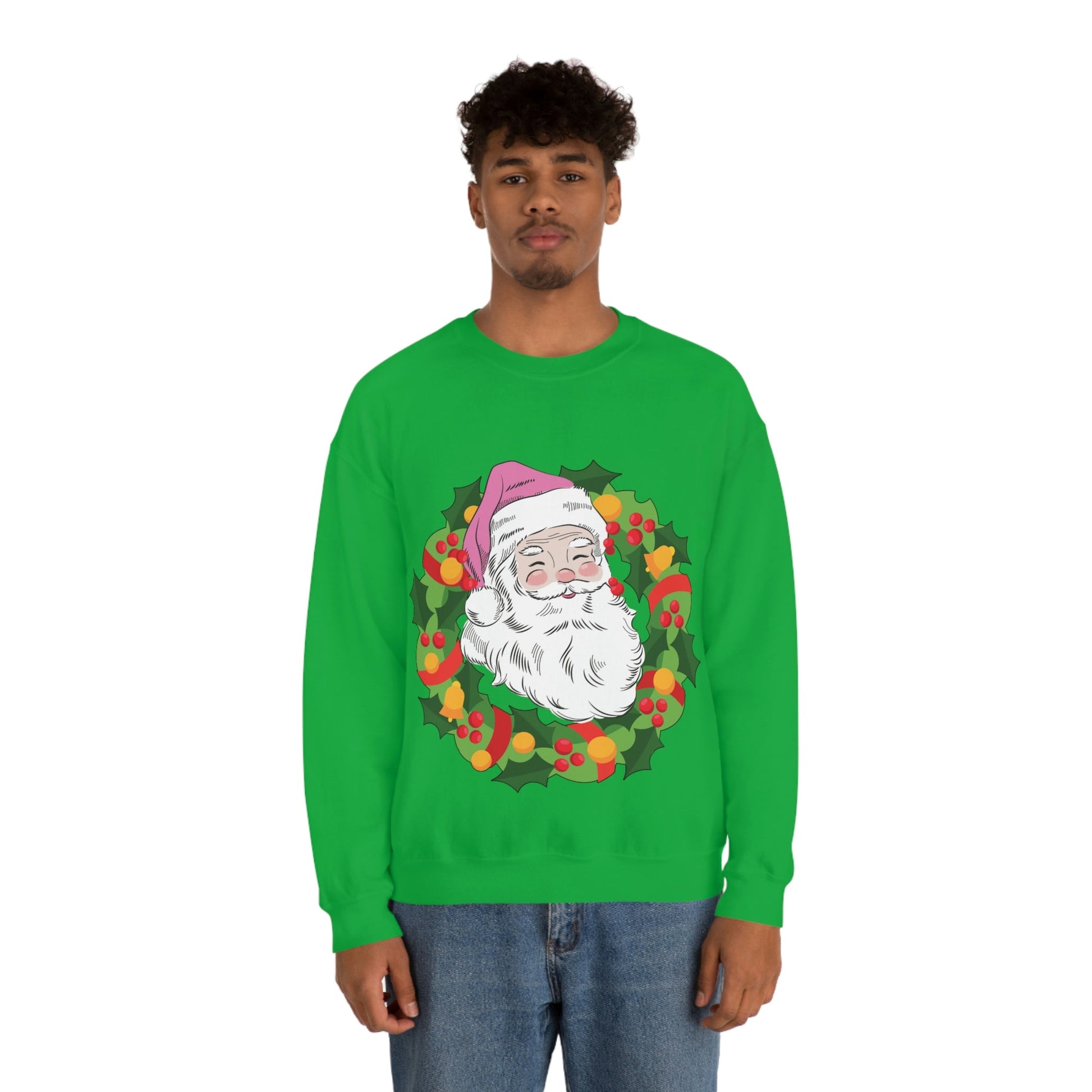 Vintage Retro Pink Santa Christmas Wreath Unisex Heavy Blend™ Crewneck Sweatshirt Ichaku [Perfect Gifts Selection]