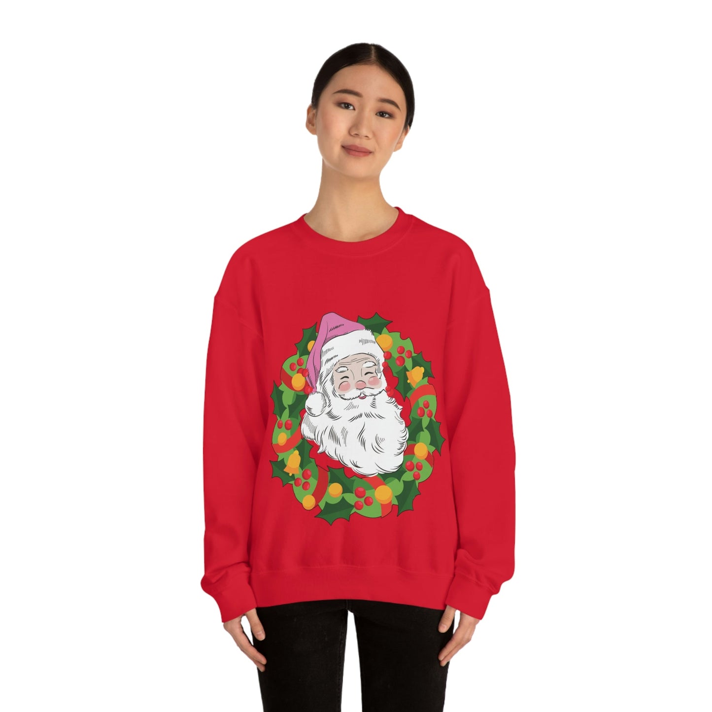 Vintage Retro Pink Santa Christmas Wreath Unisex Heavy Blend™ Crewneck Sweatshirt Ichaku [Perfect Gifts Selection]