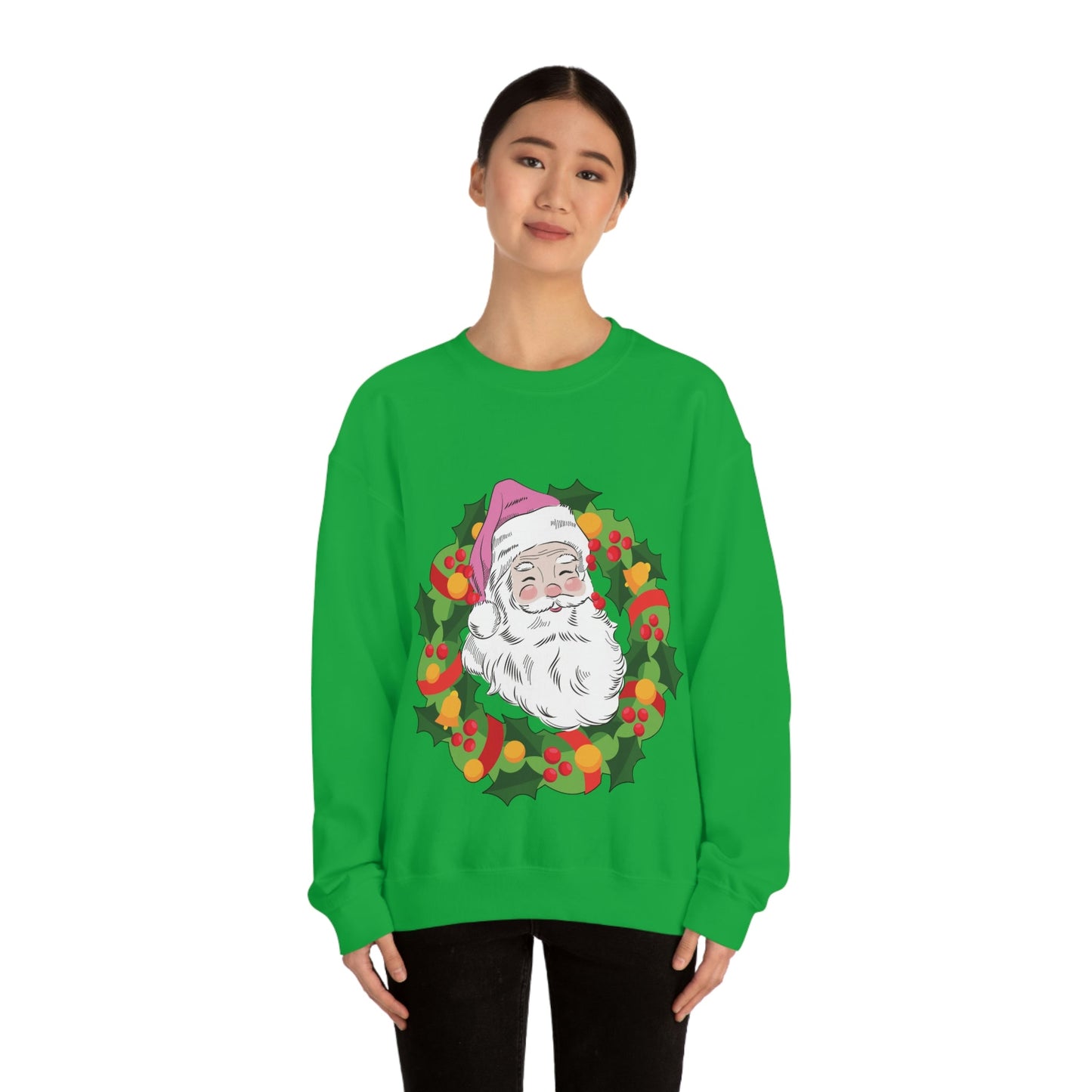 Vintage Retro Pink Santa Christmas Wreath Unisex Heavy Blend™ Crewneck Sweatshirt Ichaku [Perfect Gifts Selection]