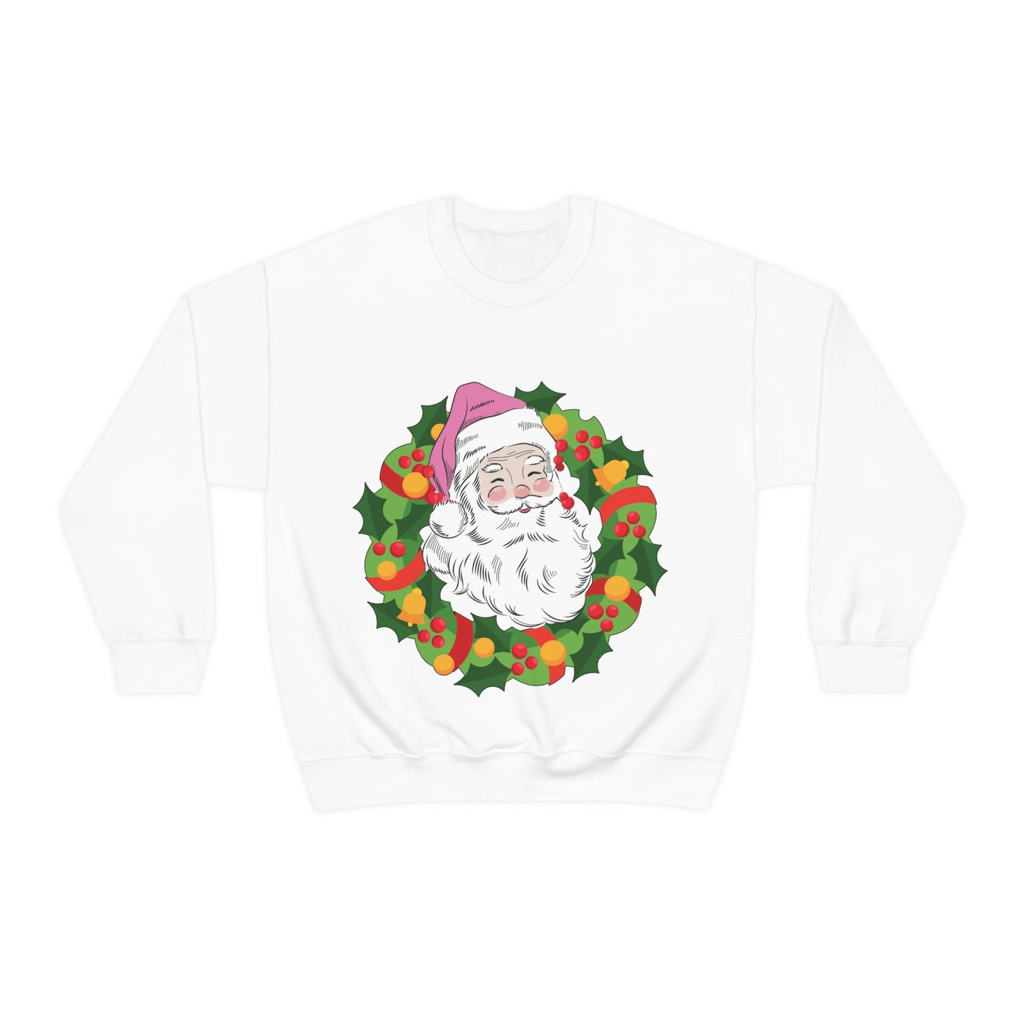 Vintage Retro Pink Santa Christmas Wreath Unisex Heavy Blend™ Crewneck Sweatshirt Ichaku [Perfect Gifts Selection]