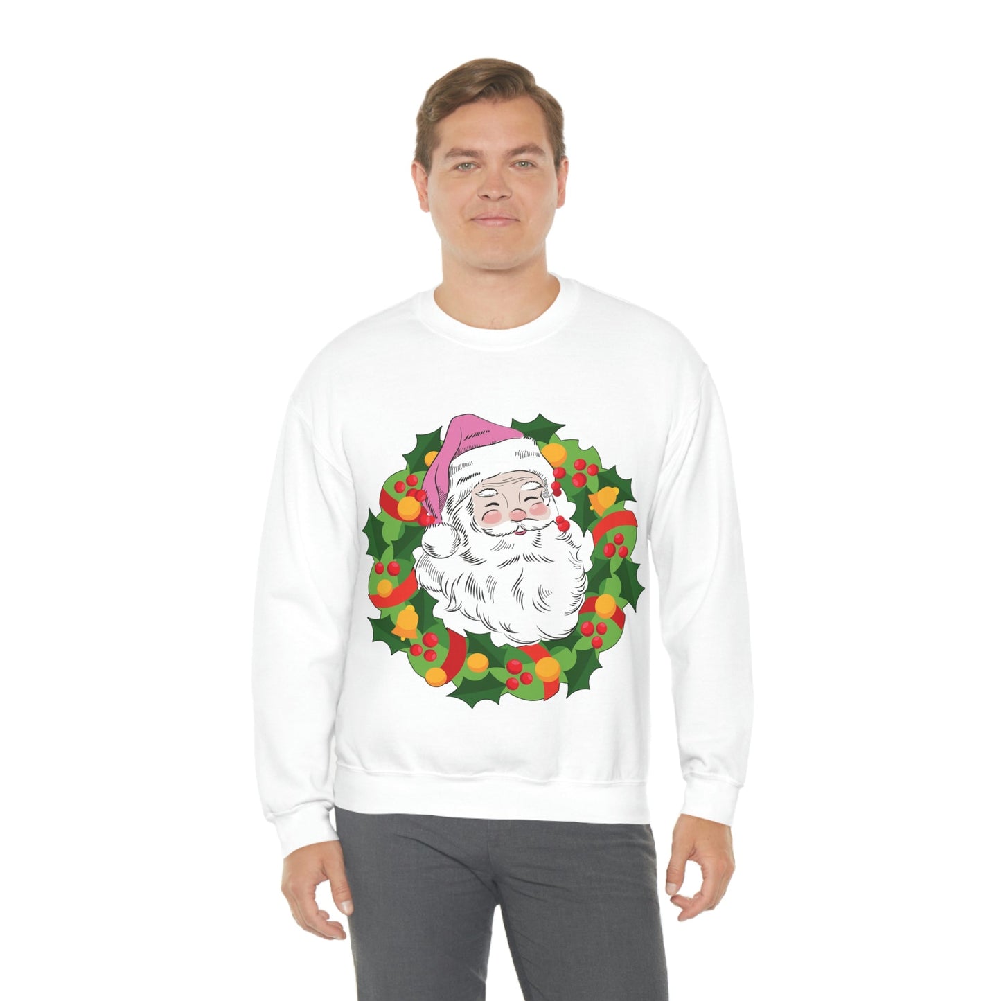 Vintage Retro Pink Santa Christmas Wreath Unisex Heavy Blend™ Crewneck Sweatshirt Ichaku [Perfect Gifts Selection]