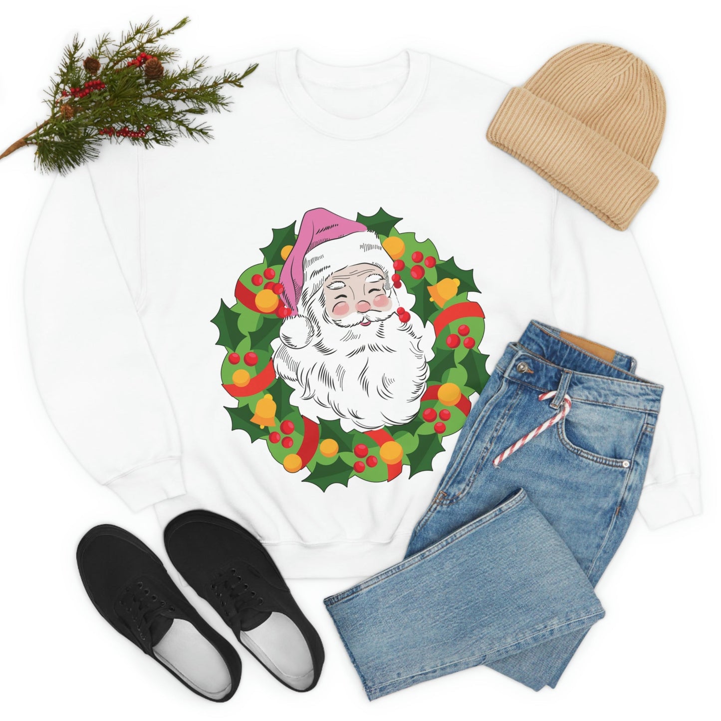 Vintage Retro Pink Santa Christmas Wreath Unisex Heavy Blend™ Crewneck Sweatshirt Ichaku [Perfect Gifts Selection]