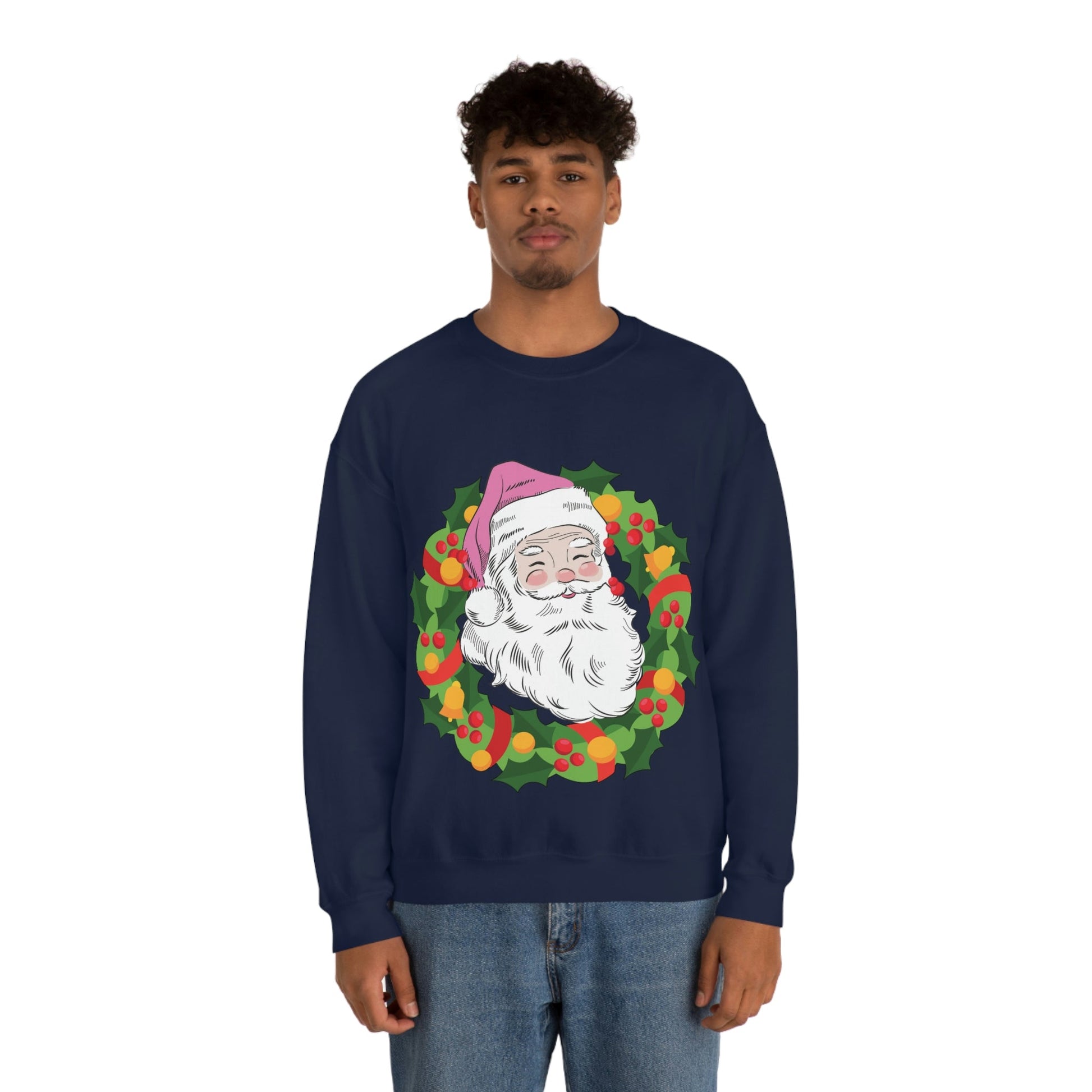 Vintage Retro Pink Santa Christmas Wreath Unisex Heavy Blend™ Crewneck Sweatshirt Ichaku [Perfect Gifts Selection]