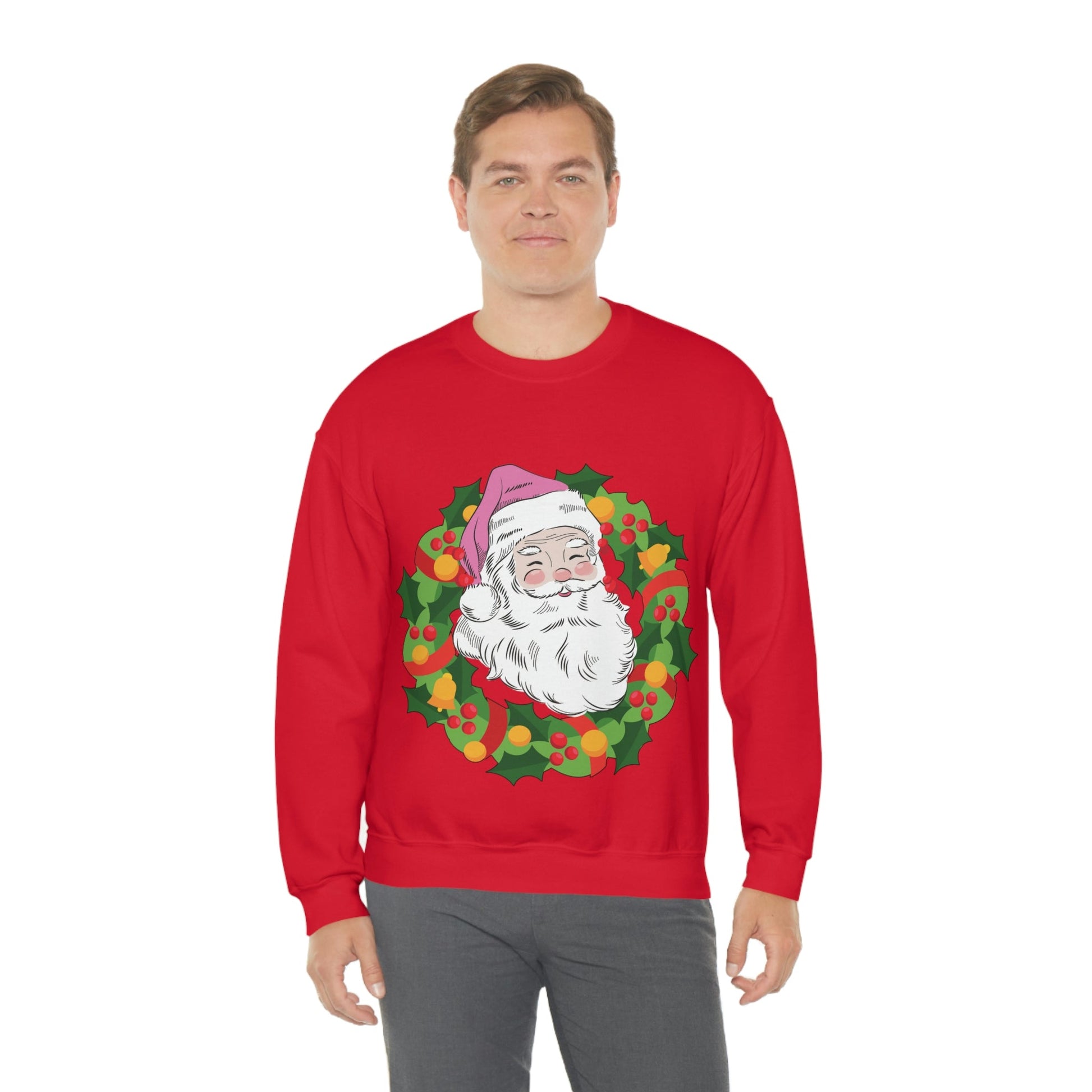 Vintage Retro Pink Santa Christmas Wreath Unisex Heavy Blend™ Crewneck Sweatshirt Ichaku [Perfect Gifts Selection]