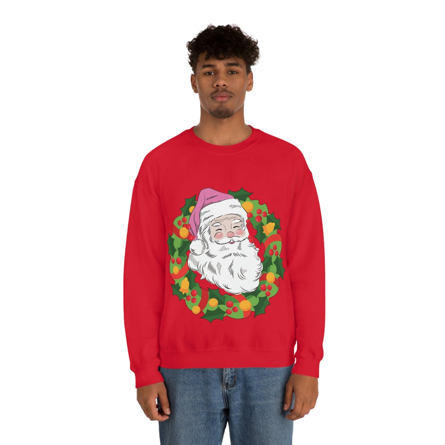 Vintage Retro Pink Santa Christmas Wreath Unisex Heavy Blend™ Crewneck Sweatshirt Ichaku [Perfect Gifts Selection]