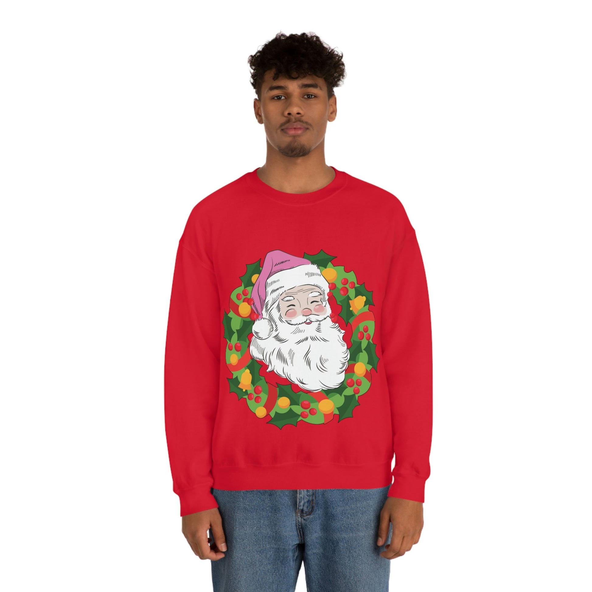 Vintage Retro Pink Santa Christmas Wreath Unisex Heavy Blend™ Crewneck Sweatshirt Ichaku [Perfect Gifts Selection]