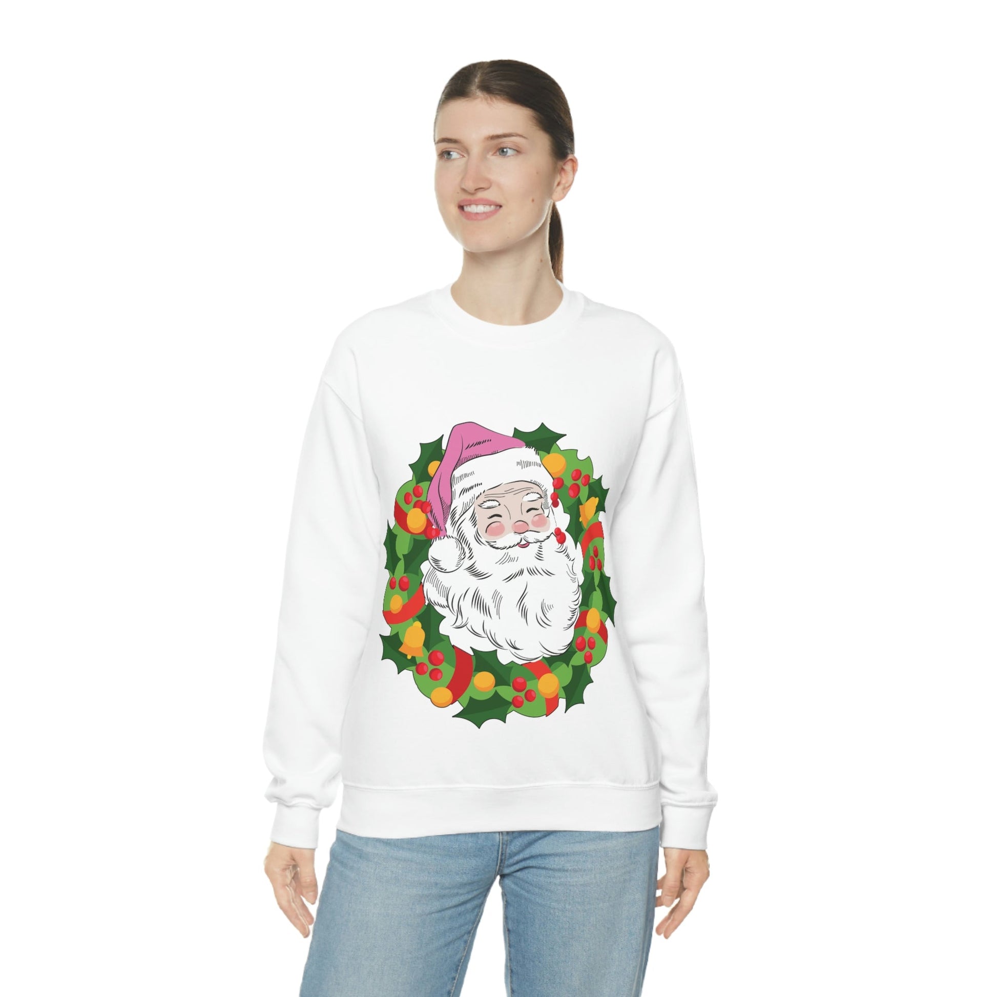 Vintage Retro Pink Santa Christmas Wreath Unisex Heavy Blend™ Crewneck Sweatshirt Ichaku [Perfect Gifts Selection]