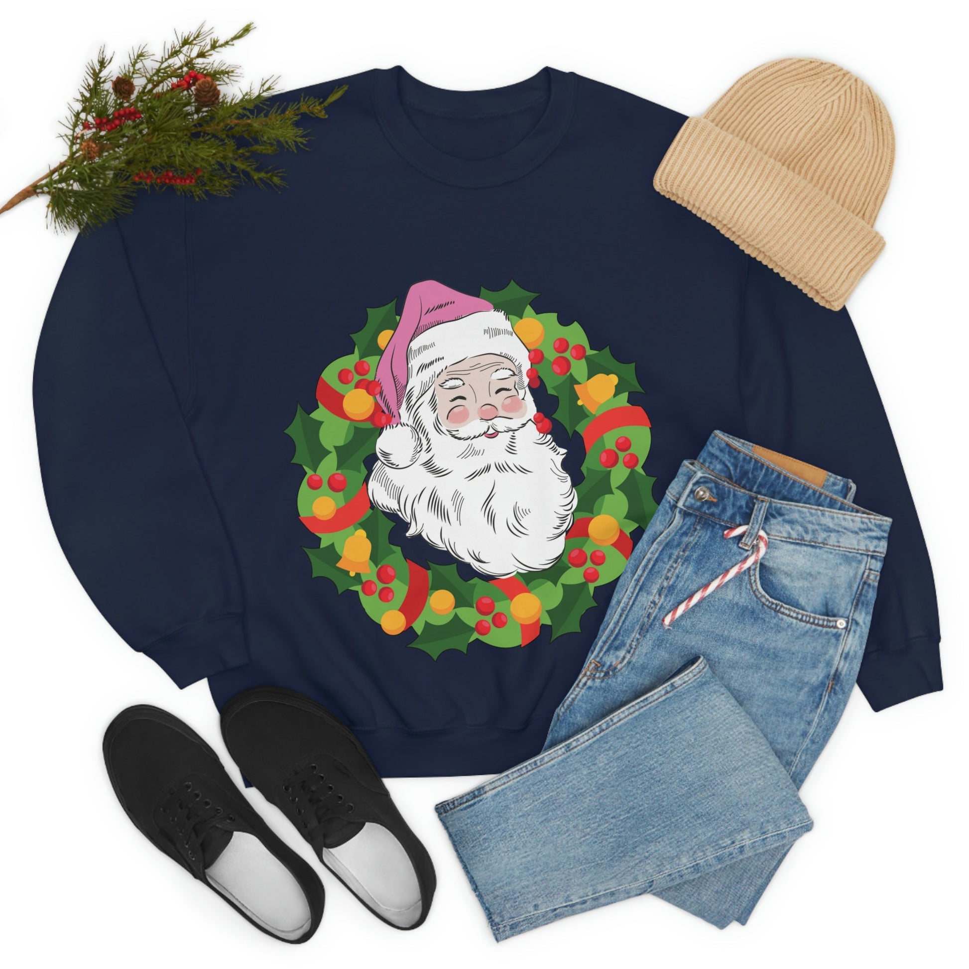 Vintage Retro Pink Santa Christmas Wreath Unisex Heavy Blend™ Crewneck Sweatshirt Ichaku [Perfect Gifts Selection]