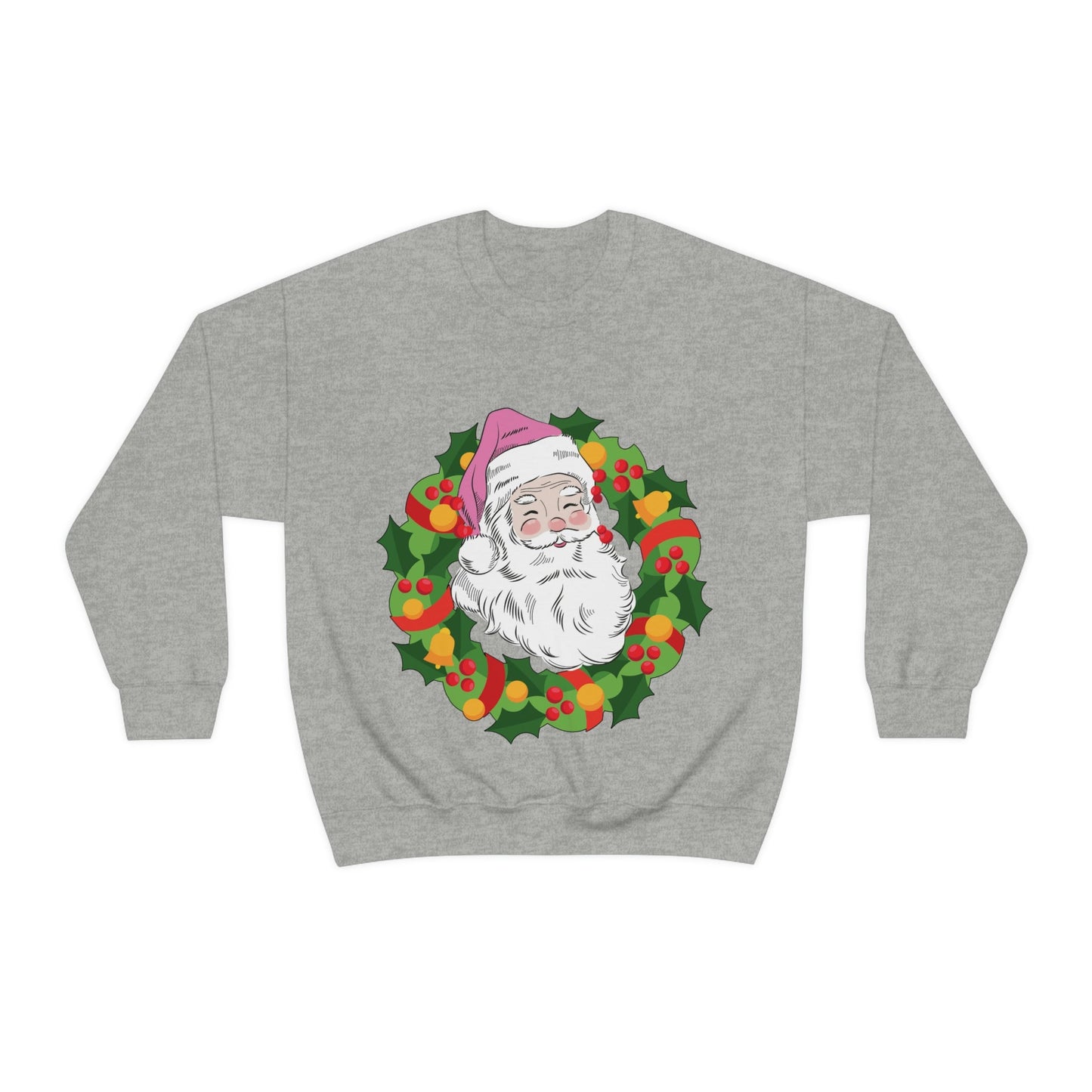 Vintage Retro Pink Santa Christmas Wreath Unisex Heavy Blend™ Crewneck Sweatshirt Ichaku [Perfect Gifts Selection]