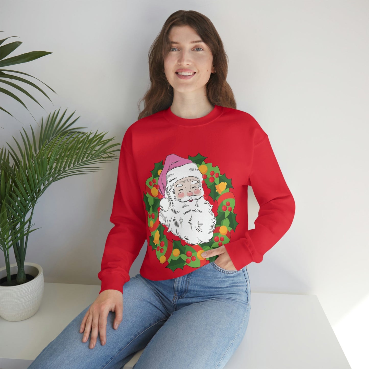 Vintage Retro Pink Santa Christmas Wreath Unisex Heavy Blend™ Crewneck Sweatshirt Ichaku [Perfect Gifts Selection]