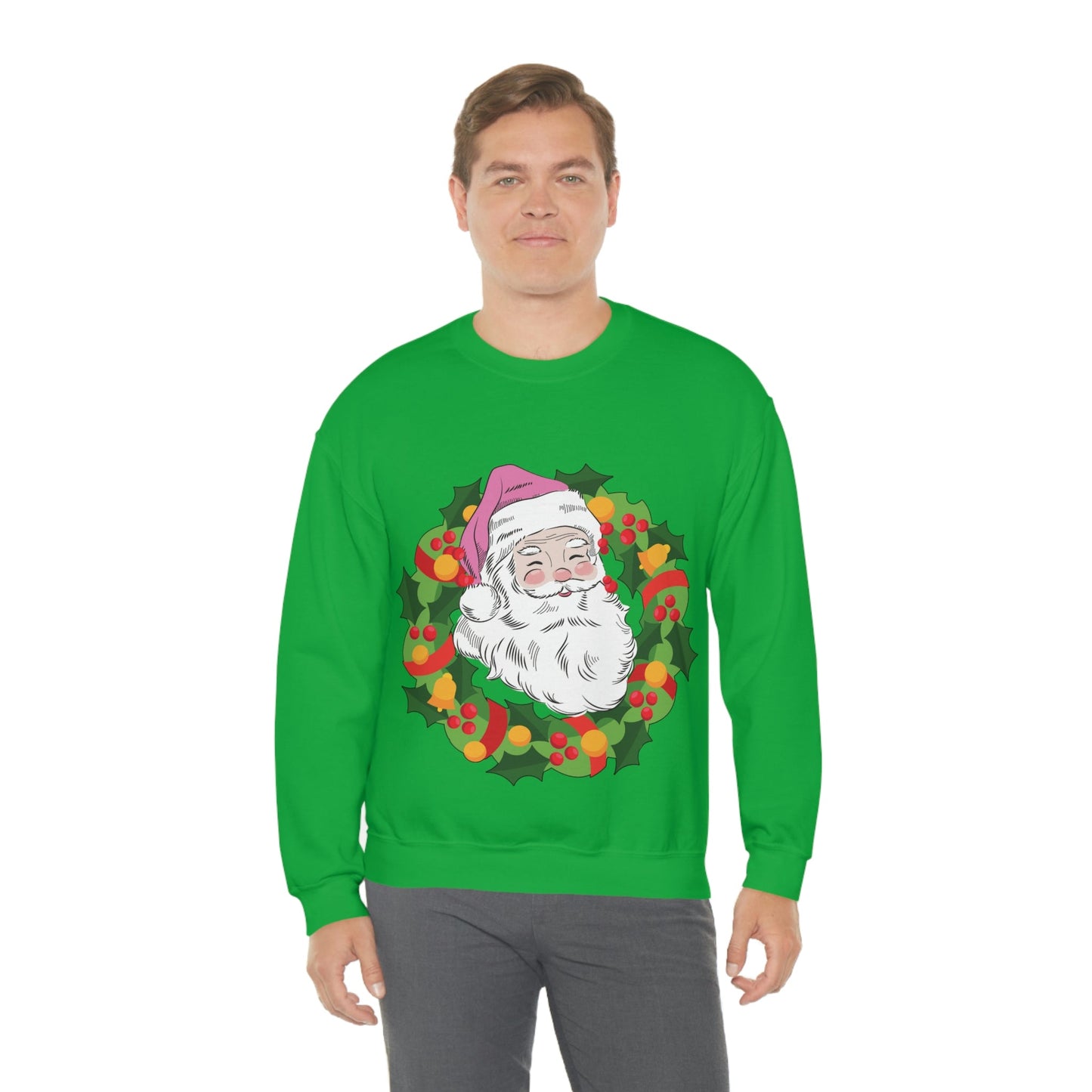 Vintage Retro Pink Santa Christmas Wreath Unisex Heavy Blend™ Crewneck Sweatshirt Ichaku [Perfect Gifts Selection]