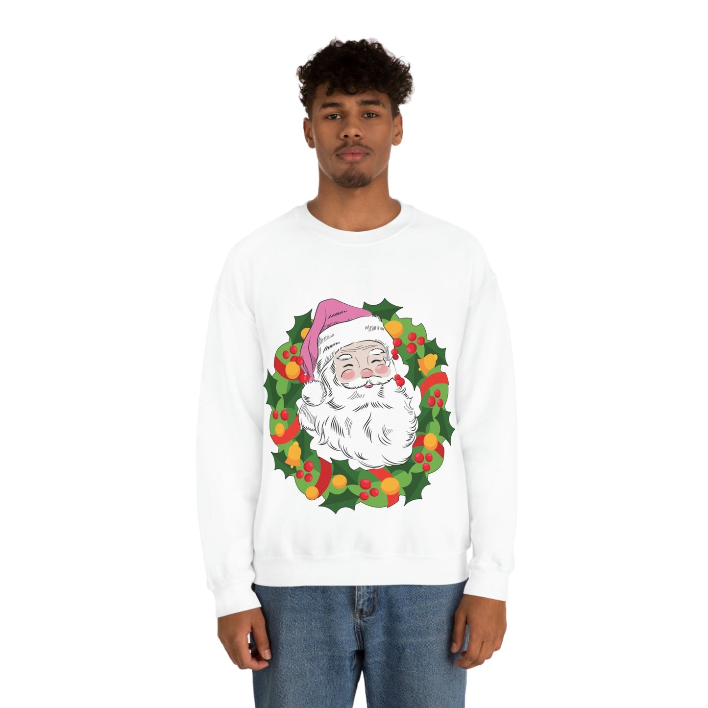 Vintage Retro Pink Santa Christmas Wreath Unisex Heavy Blend™ Crewneck Sweatshirt Ichaku [Perfect Gifts Selection]