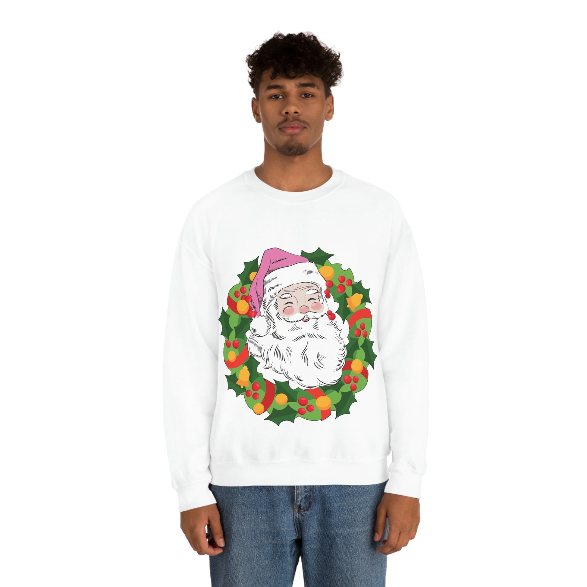 Vintage Retro Pink Santa Christmas Wreath Unisex Heavy Blend™ Crewneck Sweatshirt Ichaku [Perfect Gifts Selection]