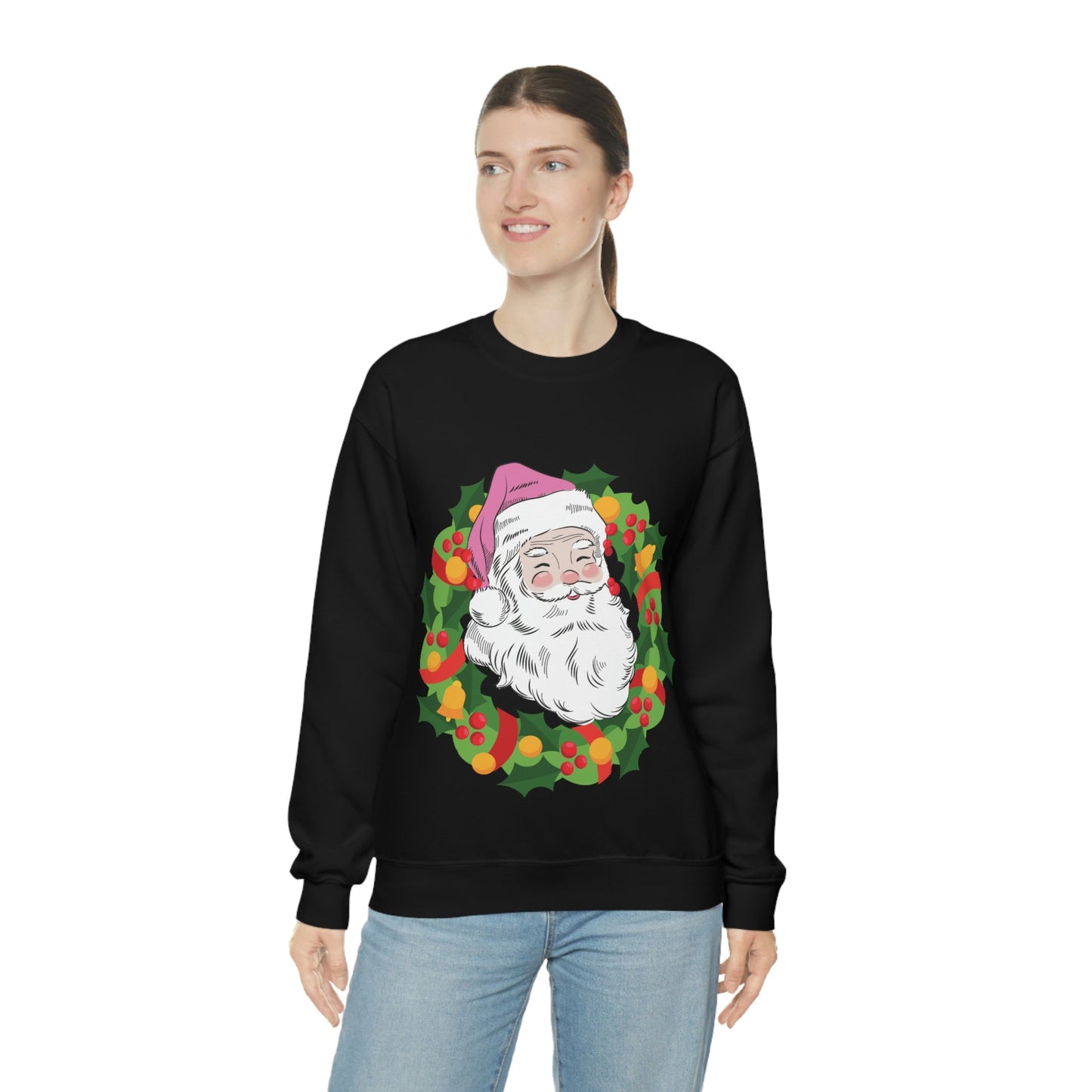 Vintage Retro Pink Santa Christmas Wreath Unisex Heavy Blend™ Crewneck Sweatshirt Ichaku [Perfect Gifts Selection]